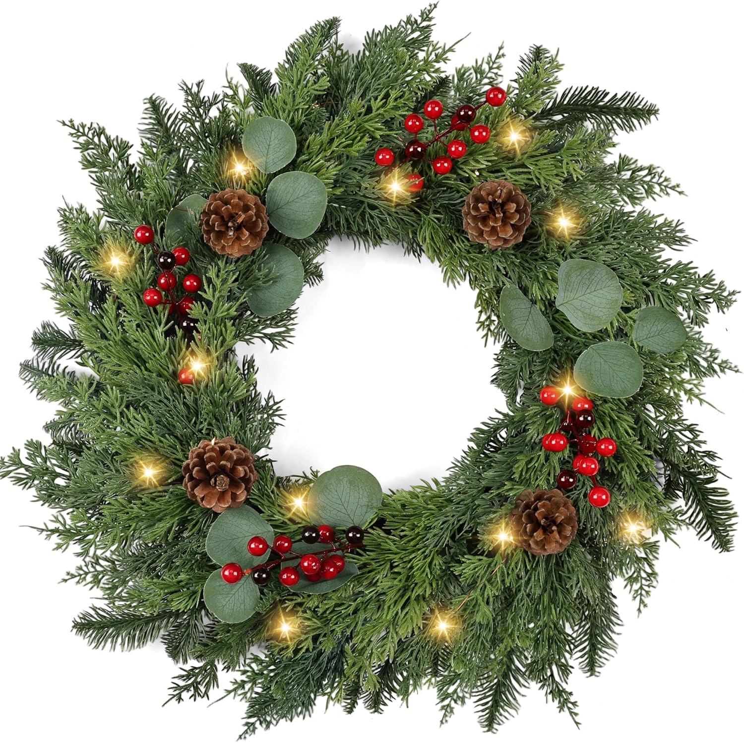 christmas wreath with lights 24 inch real touch pine wreath with red berries/pine cone prelit christmas wreaths for front door outdoor christmas decorations winter wreath for windows indoor holiday