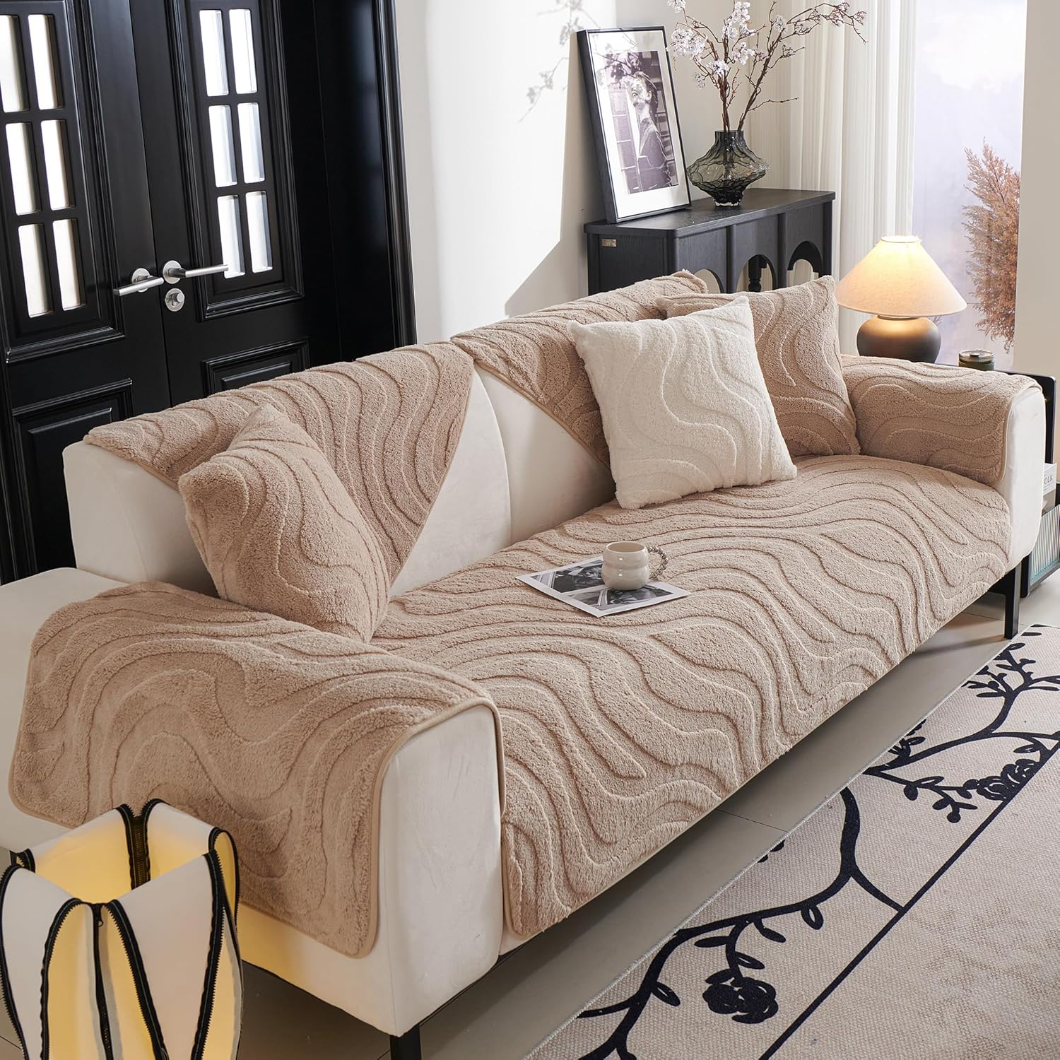 MYSKY HOME Couch Cover for Dogs Sofa Cover for Pets Wavy Striped L Shaped Furniture Protector Non-Slip Pet Mat Washable Non-Slip Sofas Slipcover Dog Bed Mat, 35" x 63", Khaki, 1 Piece