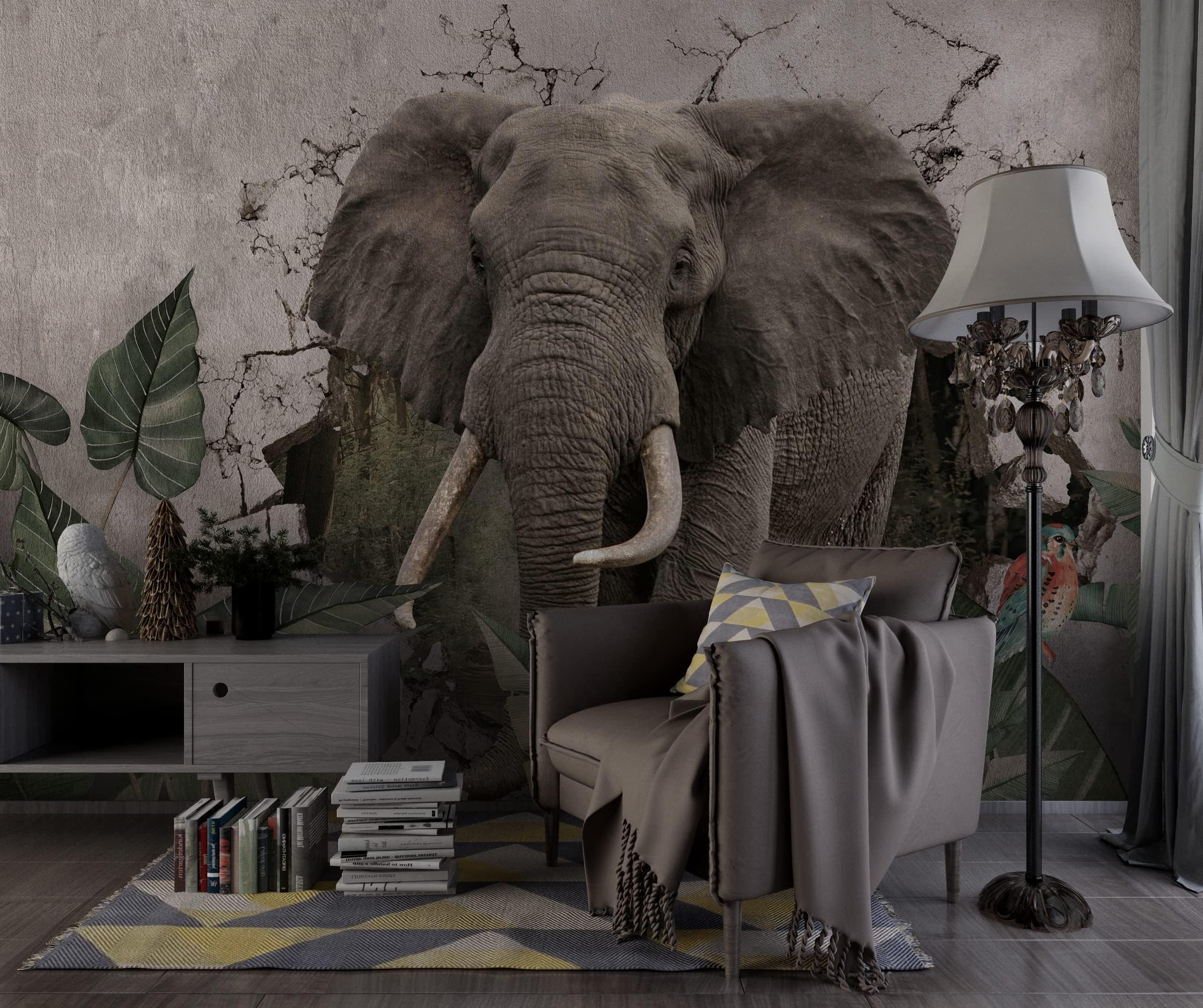 Muravie Giant Elephant 3D Wallpaper - Removable Wall Mural- Peel and Stick Wallpaper- 3D Wall Poster- Custom Size Wall Mural
