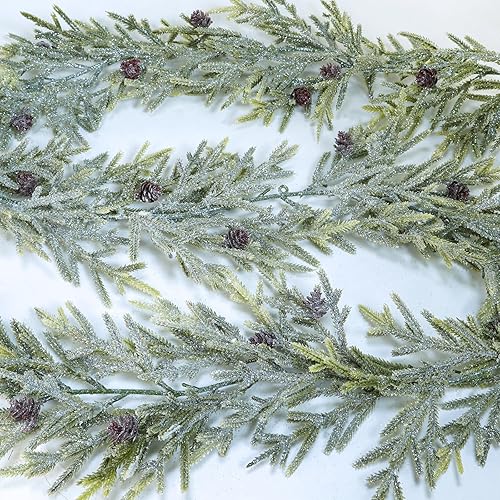 Miniatura 2 de Winlyn Paquete de 2 guirnaldas de pino artificial esmerilado de Navidad con conos de pino, guirnalda de invierno de 6 pies de largo para Navidad,