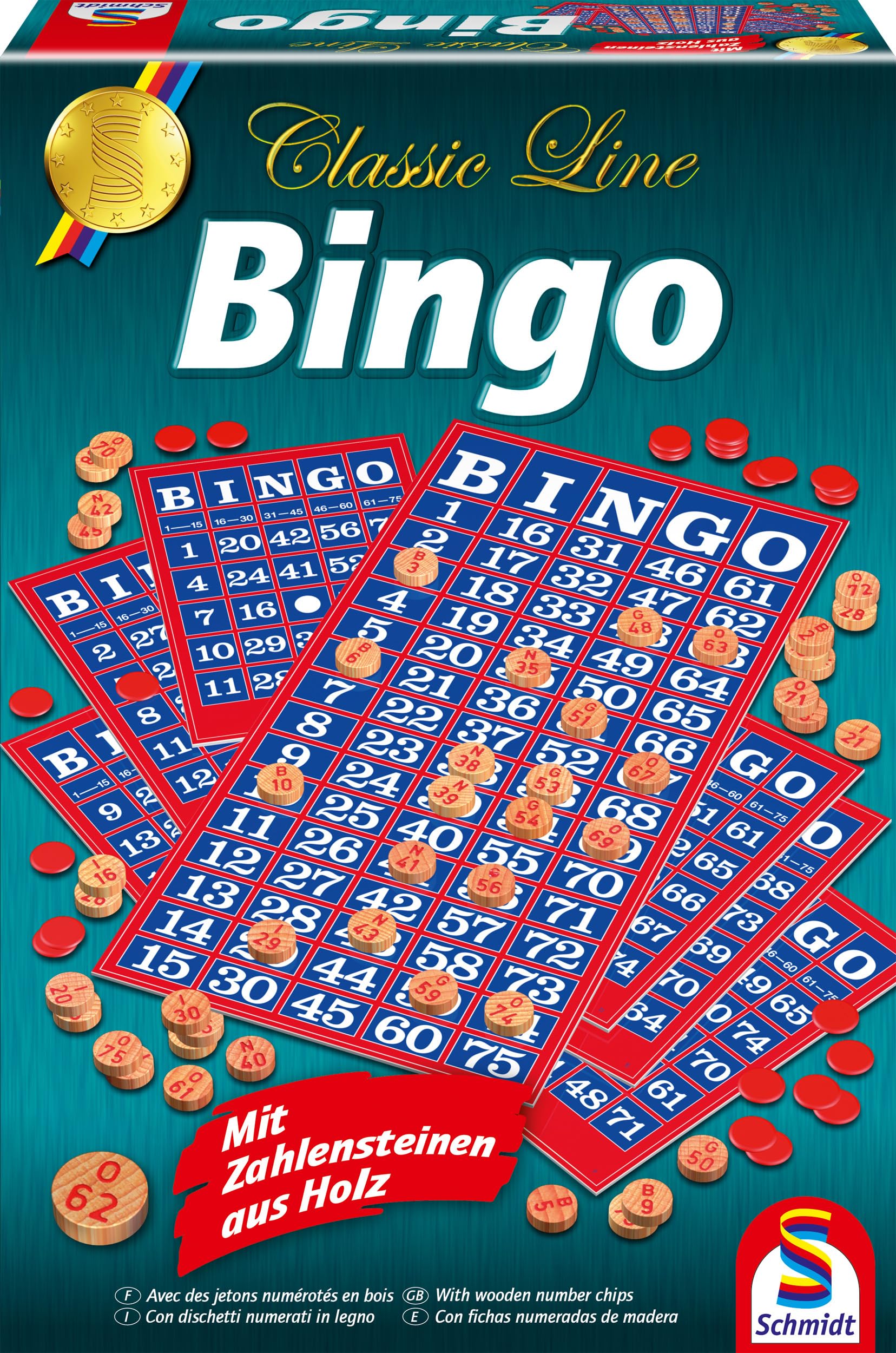 Schmidt Spiele 49089 Classic Line, Bingo, mit Zahlensteinen aus Holz, bunt | Mit Zahlensteinen aus Holz