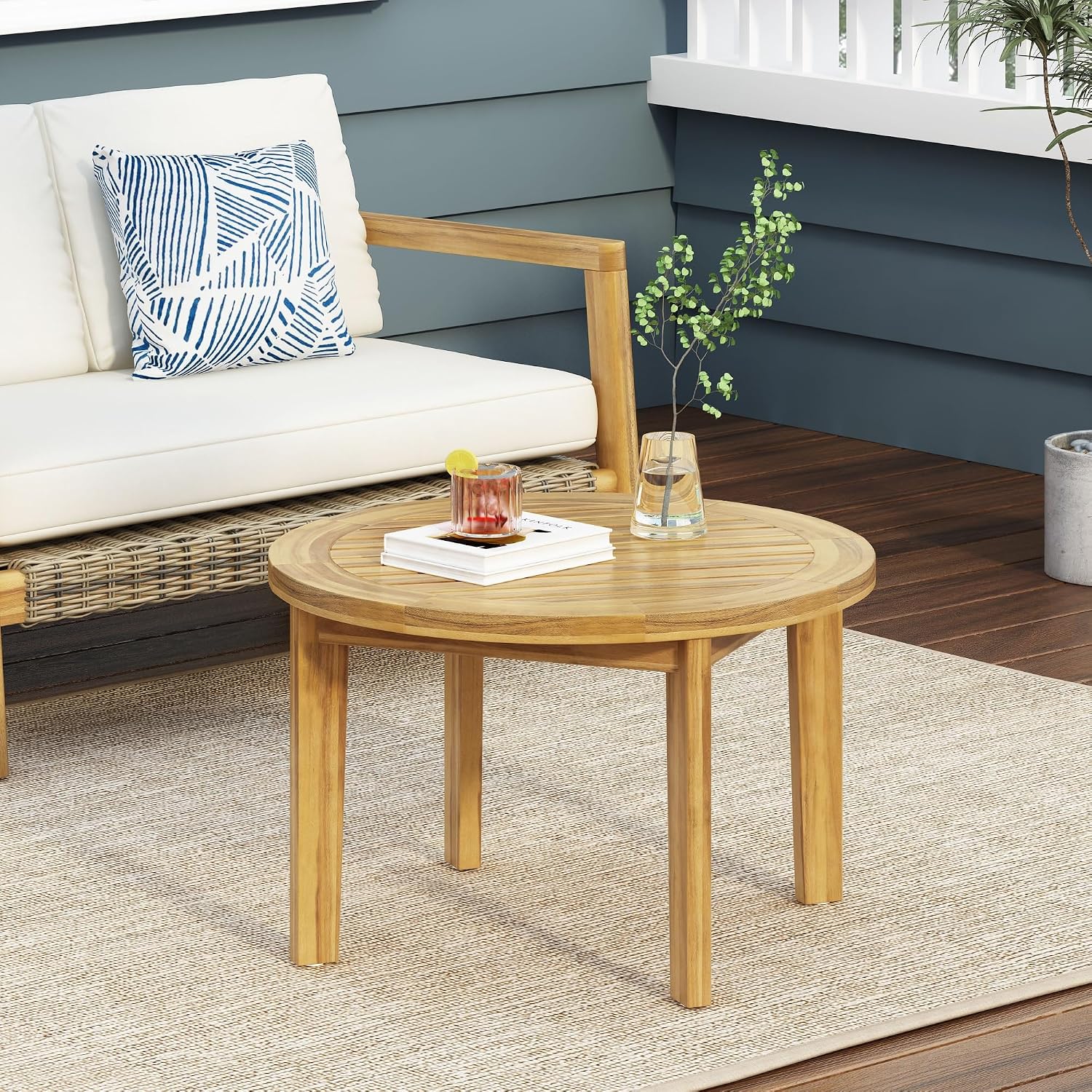 Coffee Table, Acacia Wood Round Outdoor Coffee Table, 27" Diameter x 17" H, Slatted Tabletop, Rounded Shape, Stable Solid Wood Legs for Porch, Garden, Backyard