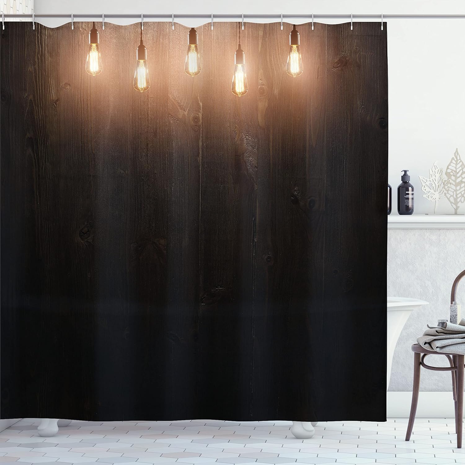 Ambesonne Industrial Shower Curtain, Wooden Space Room Classical Edison Innovation Themed Design, Cloth Fabric Bathroom Decor Set with Hooks, 69" W x 70" L, Dark Brown Cinnamon