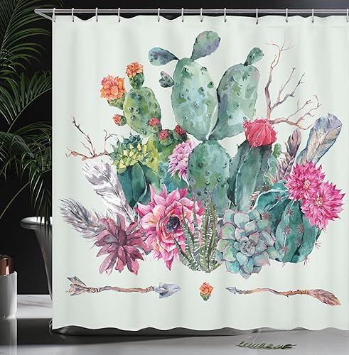 Miniatura 3 de Ambesonne Cortina de ducha de cactus, jardín de primavera, estilo bohemio, ramo de plantas espinosas, flores, flechas, plumas, juego de decoración