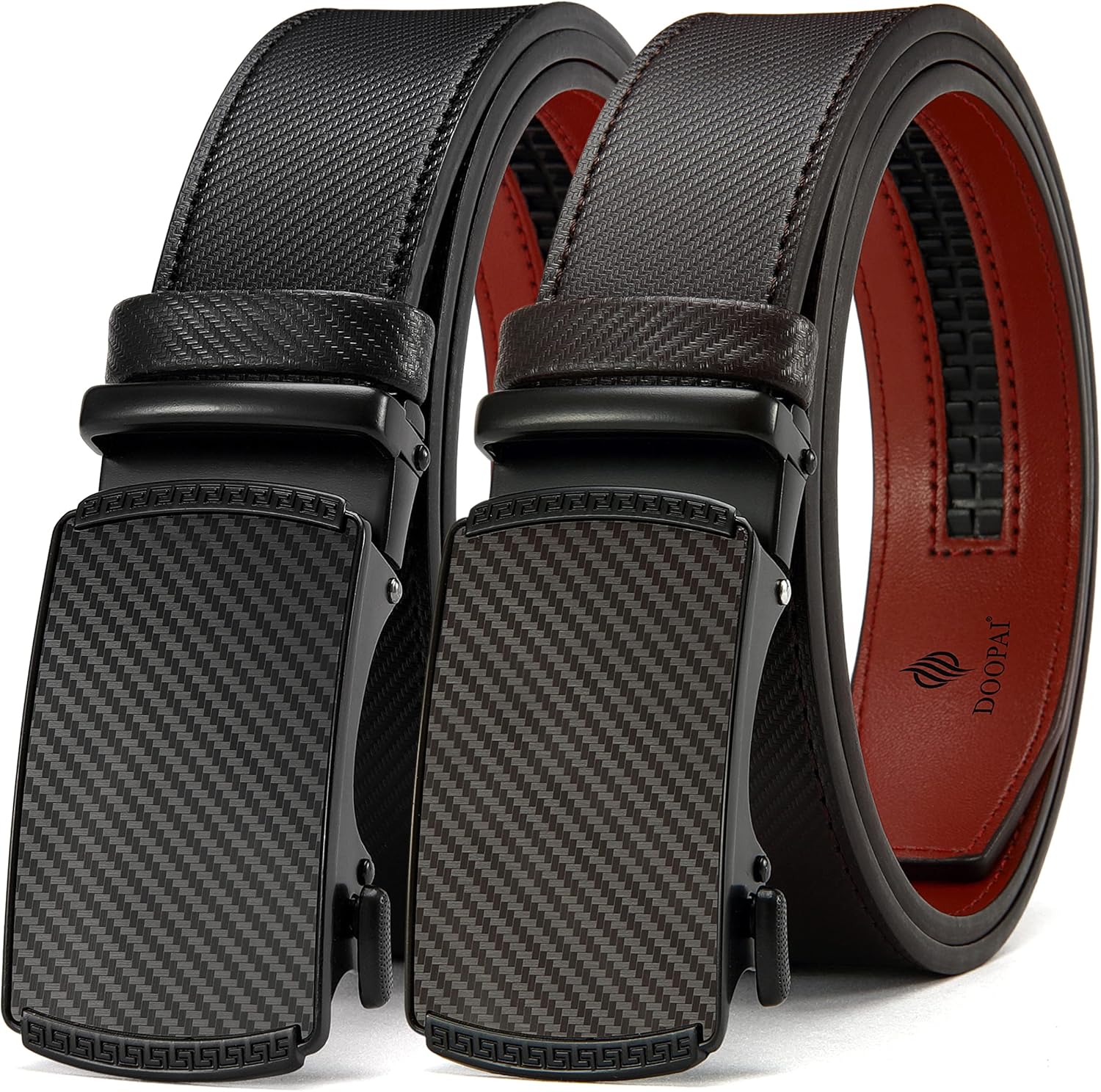 DOOPAI Men's 2 Pack Ratchet Dress Belt - Adjustable 1 3/8" Genuine Leather, Size Length Can Be Cut, With Gift Box