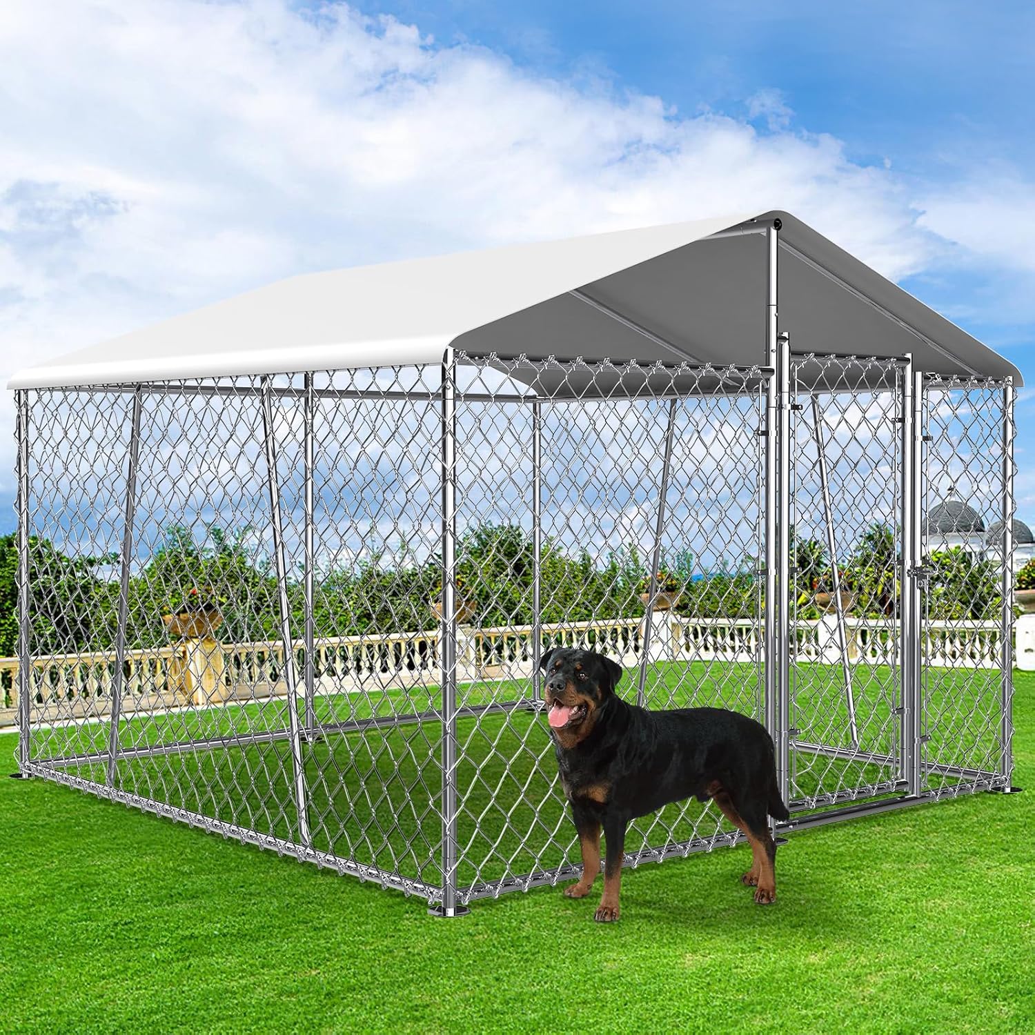 Upgraded 7.5×7.5FT Outdoor Dog Kennel with Cover Roof, Large Dog Run House Pen Enclosure with Side Rod, Heavy Duty Chain Link Dog Kennel with Lock for Outside Backyard L-7.5×7.5×5.6FT Kennel w/o bowls