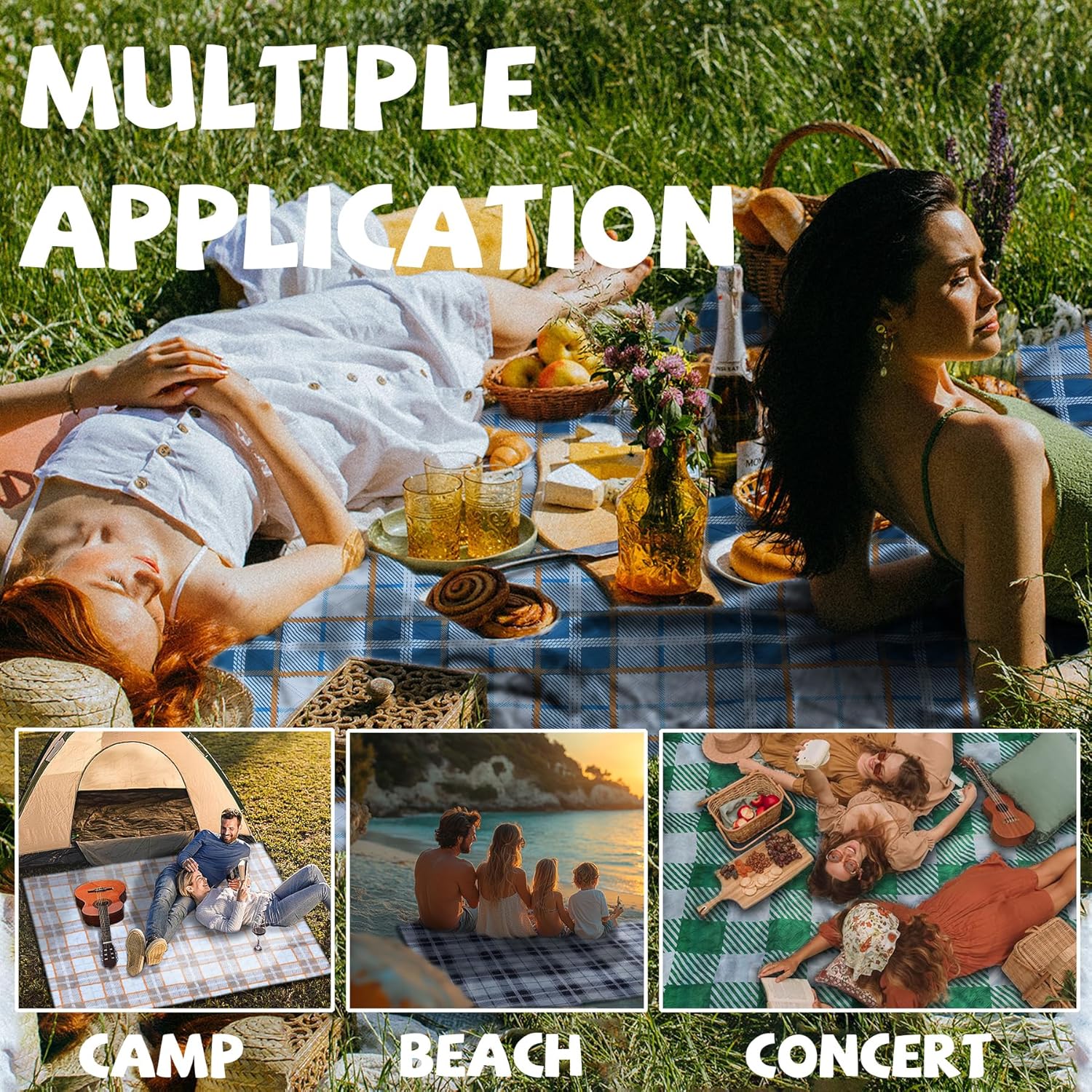 Extra Large Picnic Blankets Portable 80x81 Oversized Waterproof Sandproof Outdoor Beach Blanket Camping Grass Mat Travel Essential Camper Accessories Glamping Items Hiking Supplies Hiker Necessities