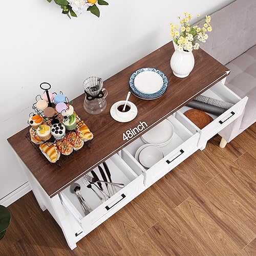 Miniatura 7 de Armario tipo bufé de granja, 48 pulgadas con 3 cajones, 2 puertas de granero, estante para vino y vidrio, estantes de almacenamiento, armario de bar