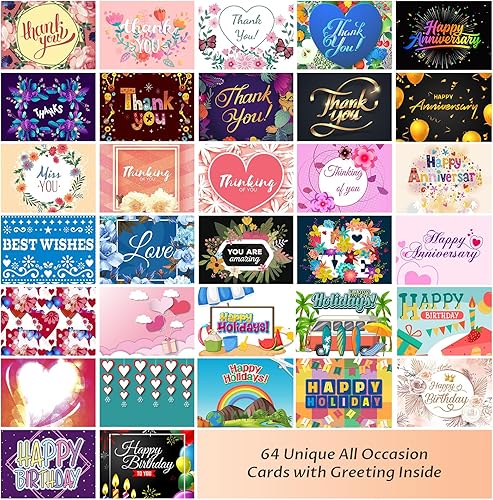 Miniatura 3 de Caja surtida de 64 tarjetas para todas las ocasiones con sobres y calcomanías, tarjetas de felicitación surtidas de 5 x 7 pulgadas con mensaje