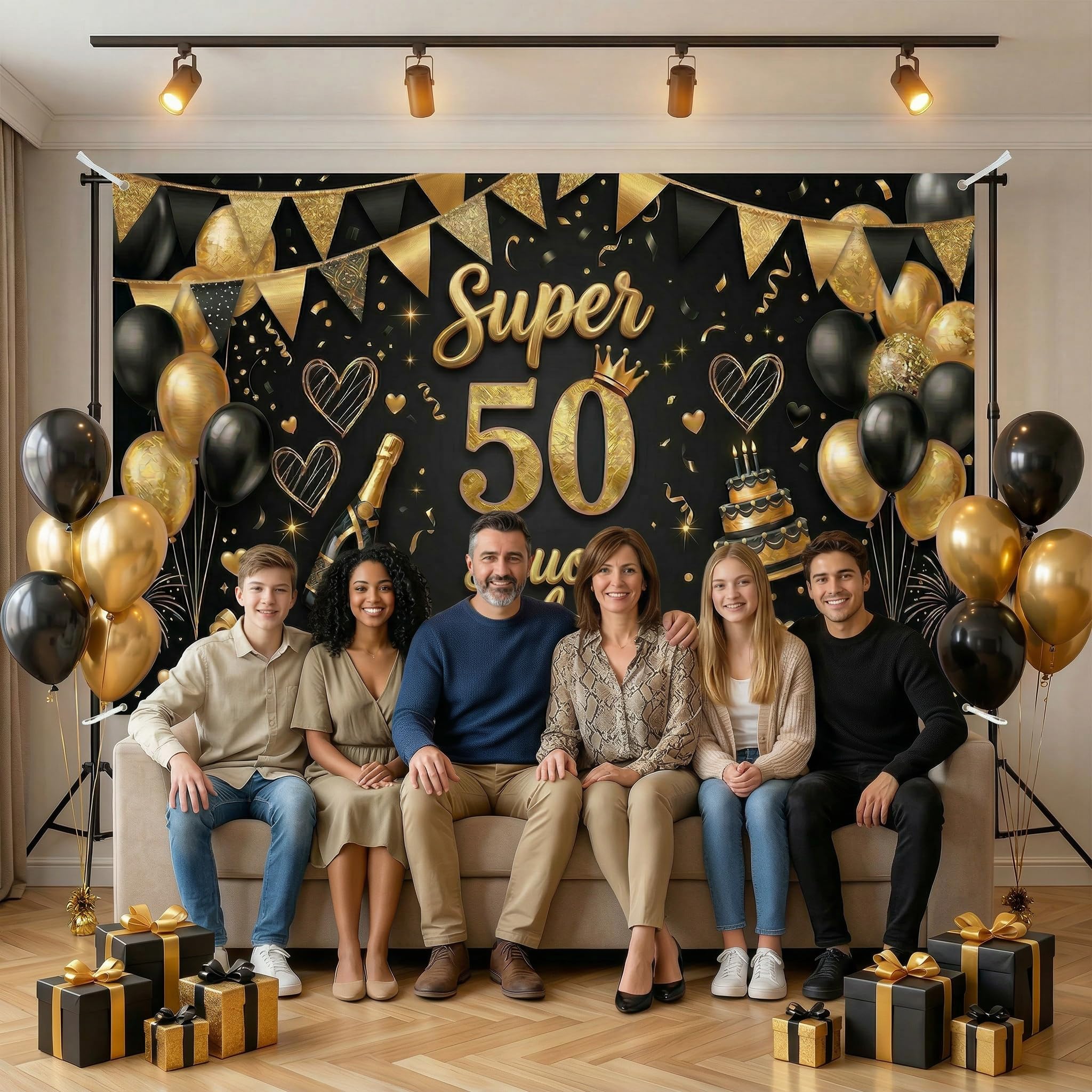 Striscione di Compleanno 18 30 40 50 60 70 80 Anni, Compleanno Festa Decorazioni Oro Nero, Fondale per Decorazioni del Buon Compleanno Decorazione 180x115 cm, (50 Anni) - 4