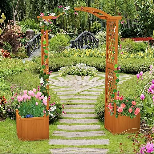 Miniatura 2 de Giantex Cenador de jardín con maceta, arco de madera con enrejado, arco al aire libre para plantas trepadoras, verduras, hierbas, decoraciones, arco
