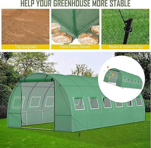 Miniatura 8 de PHI VILLA Invernadero grande mejorado de 20 x 10 x 6.6 pies, marco de acero galvanizado resistente, 2 puertas de pantalla con cremallera, 12
