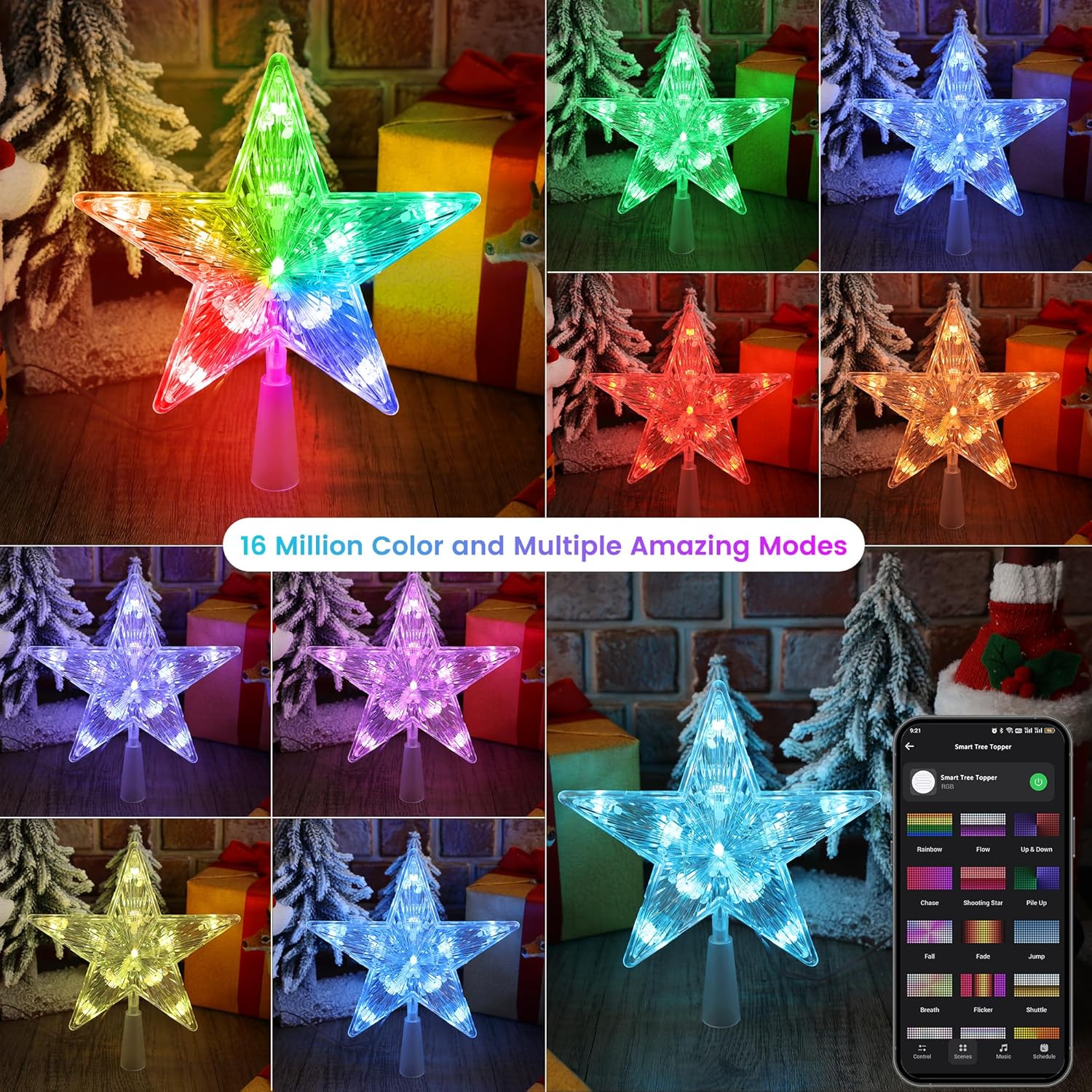 A collage of nine images showing the Brizled Smart Christmas Tree Topper displaying various colors and lighting modes, with a smartphone app interface in the corner.