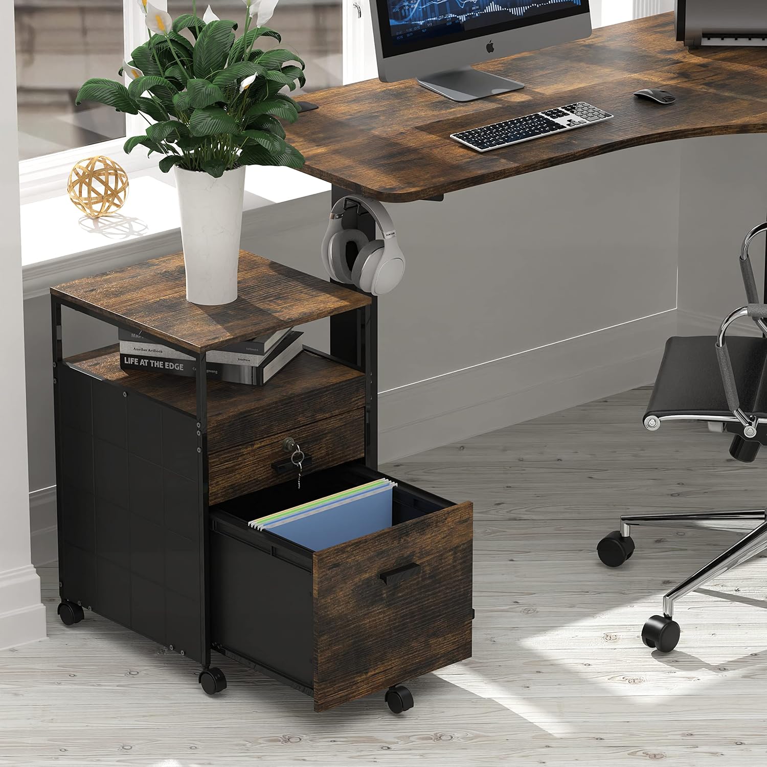 SHW Box File Rolling Mobile Cabinet with Open Shelf and Lockable Drawer, Rustic Brown