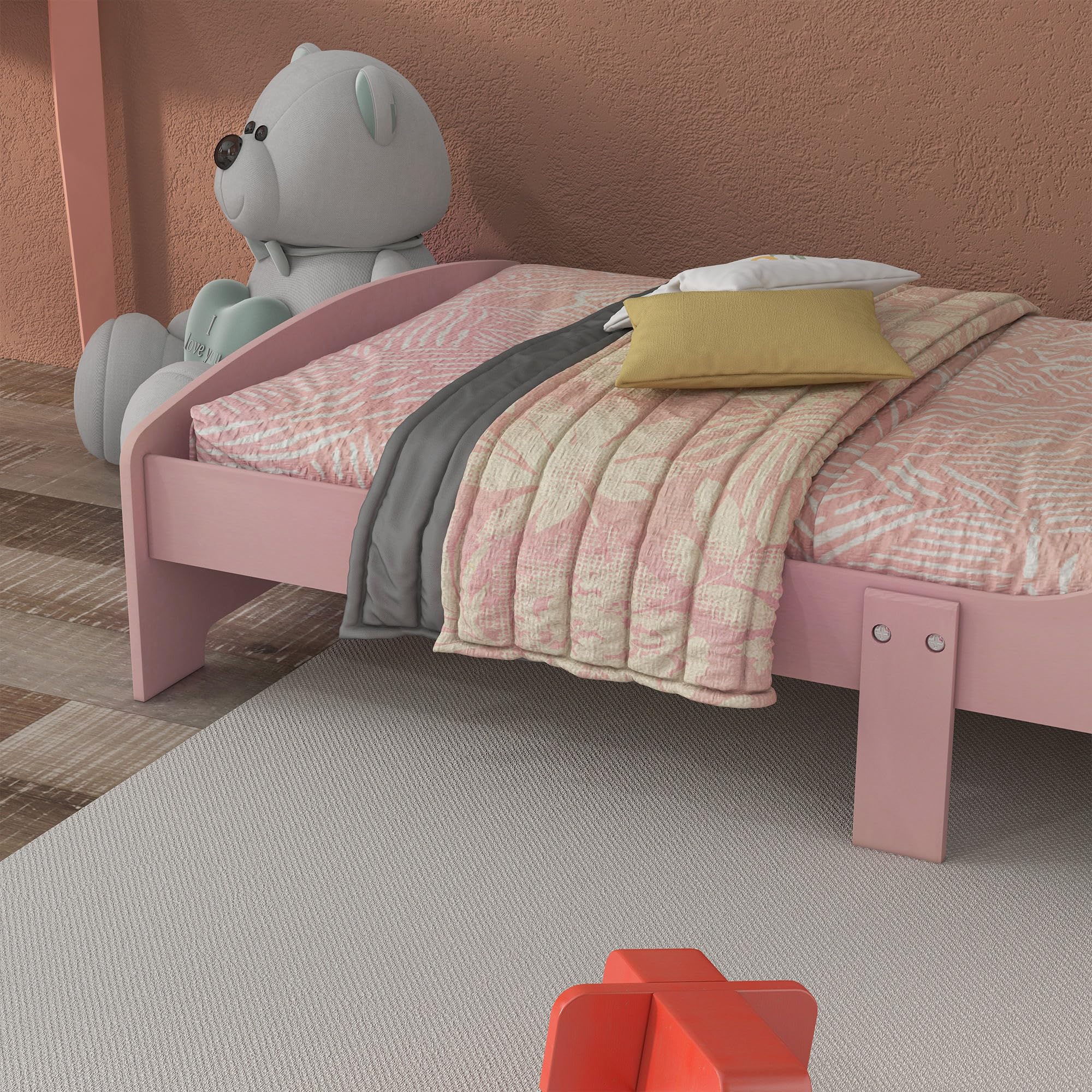 ZONEKIZ Conjunto para Niños Incluye 1 Cama Infantil de Madera con Barreras de Protección y 1 Estantería para Juguetes con 6 Cajas de Tela no Tejida Extraíbles Rosa