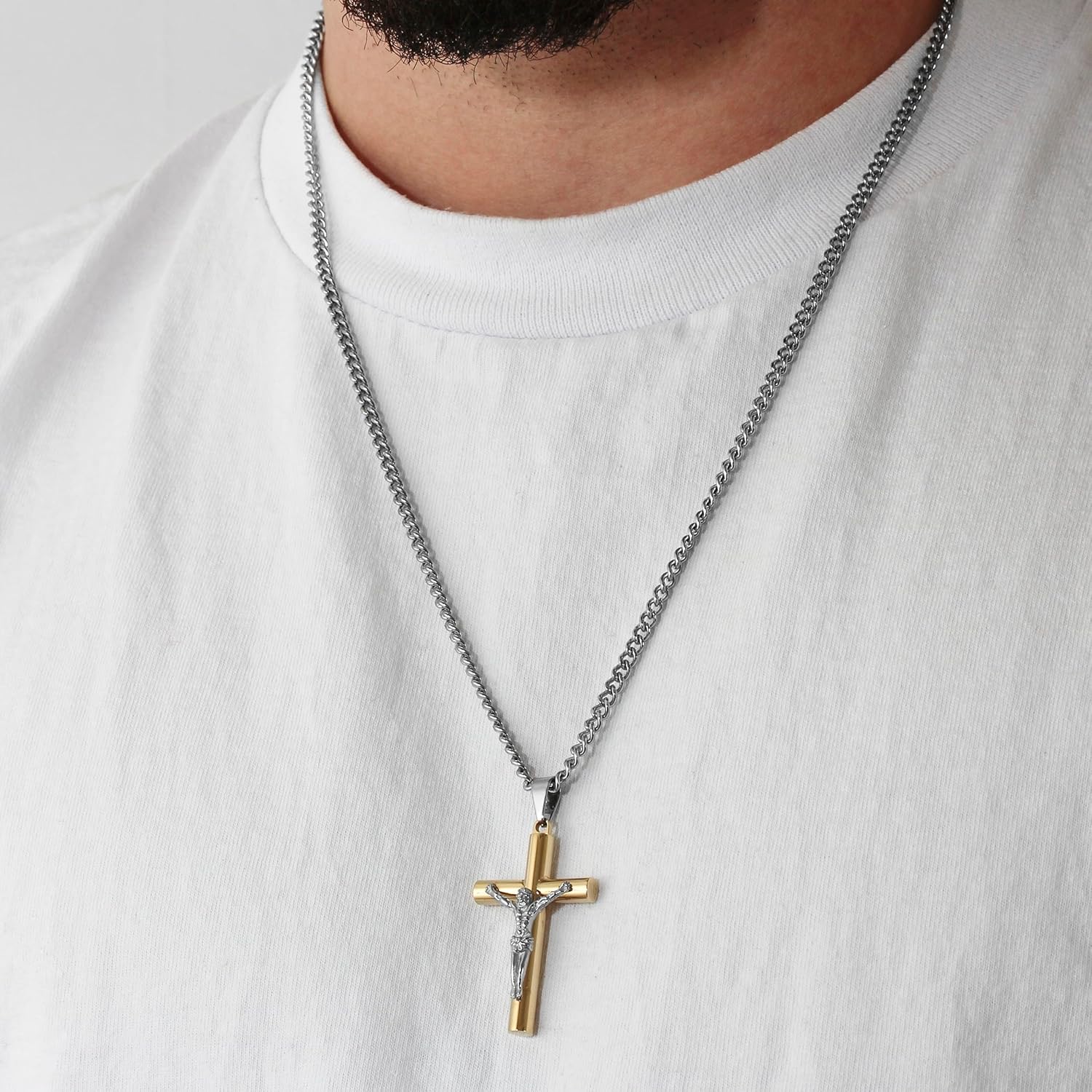 STEEL NATION Yellow Gold Plated Stainless Steel 2" Large Jesus Christ Cross Crucifix Pendant with 24" Twisted Curb Chain Necklace for Men - Image 2