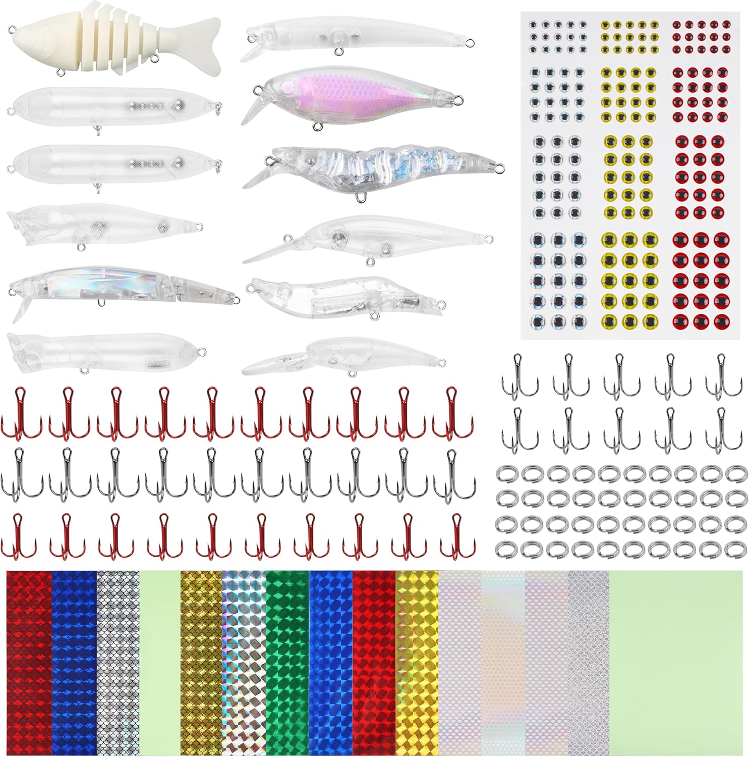 Unpainted Fishing Lures Making Kit, 286pcs DIY Lure Blank Crankbaits Minnow Hard Bait Set with Treble Hooks,Split Rings,3D Eyes,Fishing Lure Stickers Pliers DIY Fishing Tackle