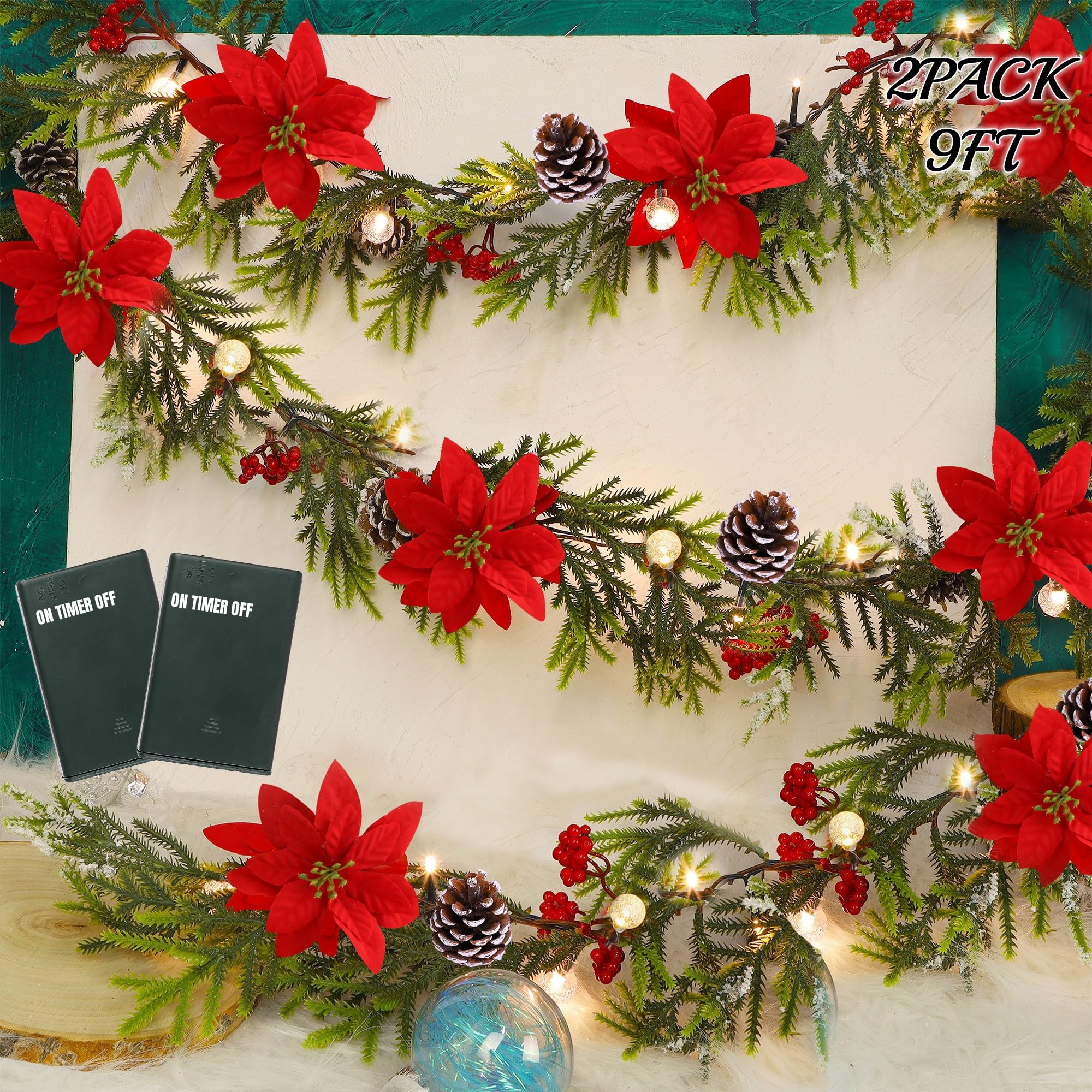 Juegoal 2 Pack Christmas Garland, 9' Pre-lit Artificial Xmas Flocked Garlands, Lighted Poinsettia Spruce Timer & Battery Operated with Lights, Garden Home Winter New Year decor, Geen, Red (YO-TTSZ-2)