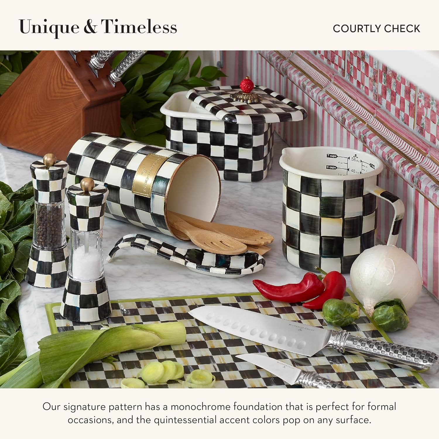 MACKENZIE-CHILDS Enamel Grinder, Refillable Manual Salt Grinder and Pepper Grinder, Black-and-White Courtly Check