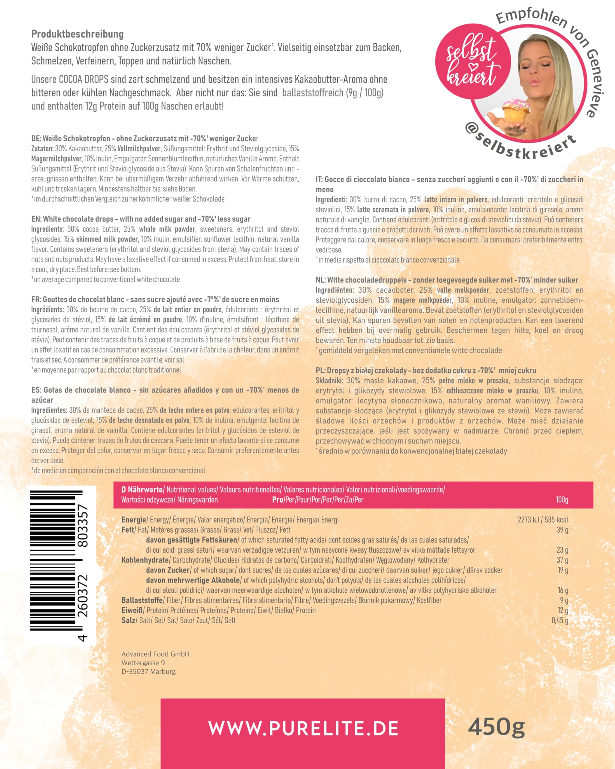 PURELITE Cocoa Drops blanc 450g, gouttes de chocolat blanc sans sucre ajouté avec érythritol & stévia sans arrière-goût, 70% à teneur réduite en sucre, conscient des calories