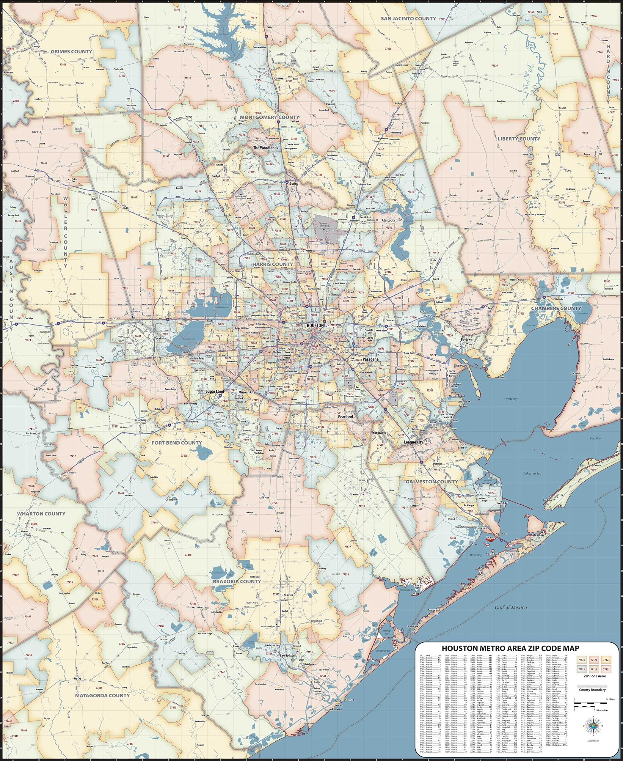 Houston TX ZIP Code Laminated Map (48” wide x 59” tall)
