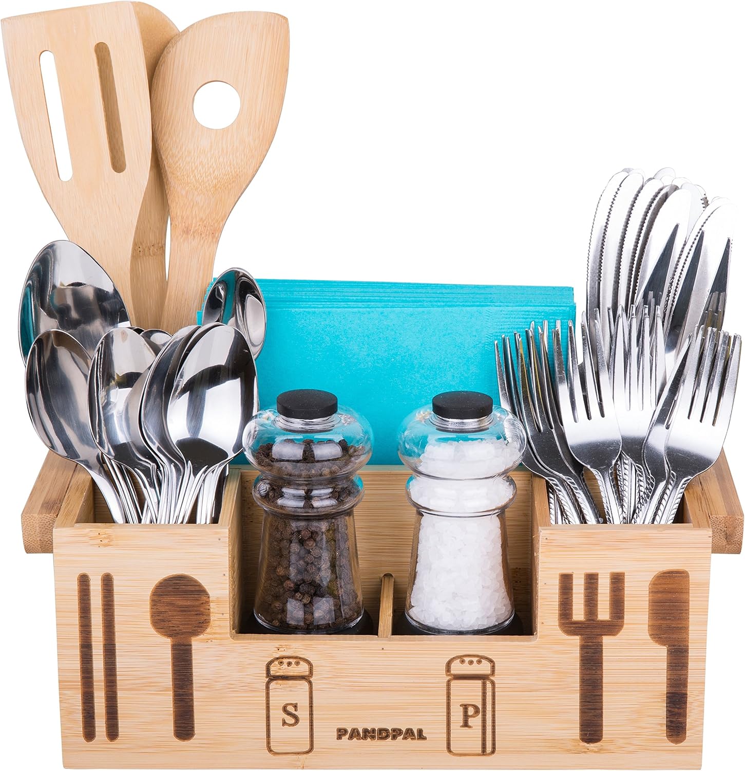 Bamboo Wooden Utensil Caddy Flatware - Holder for Spoons, Knives, Forks, Chopsticks, Salt Pepper Shakers, Napkins, Condiments, Spices, Silverware Drawer Organizer Home, Restaurant, Camper
