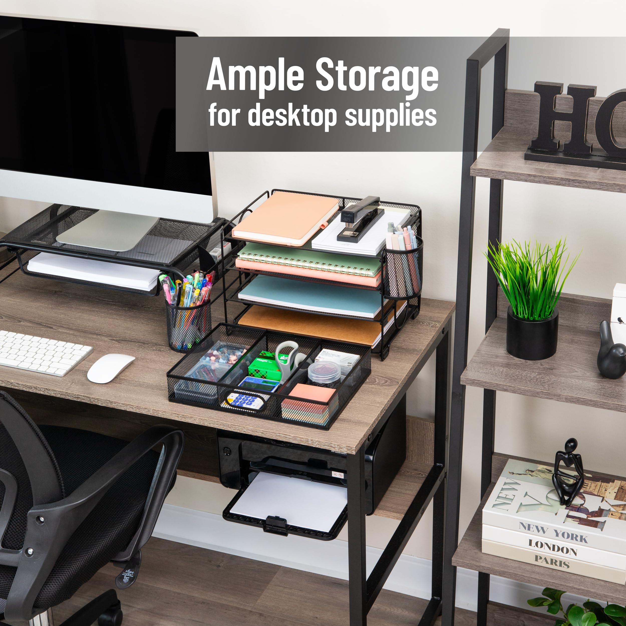 Mind Reader Schreibtisch-Organizer aus Netzstoff, 3 Ablagen, 1 Schublade, 2 Stifthalter, Büro-Schreibtisch-Organizer, Metallgitter, Schwarz
