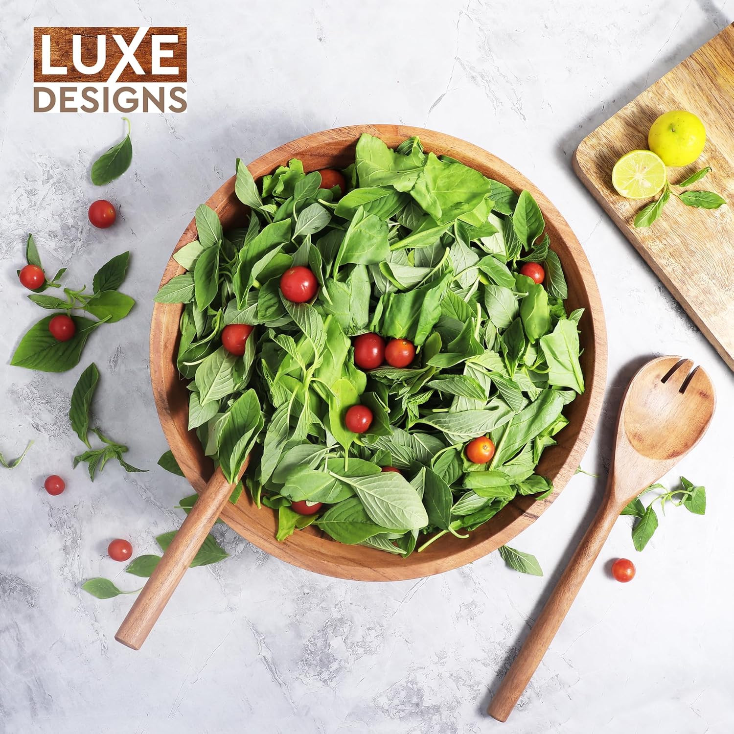 Luxe Designs Wooden Salad Bowl Set - Food Safe & Sustainable Decorative Bowl - Wood Bowl for Fruits, & Salads - Easy to Clean Large Salad Bowls Set w/Spoon, Fork – Wooden Bowls for Food