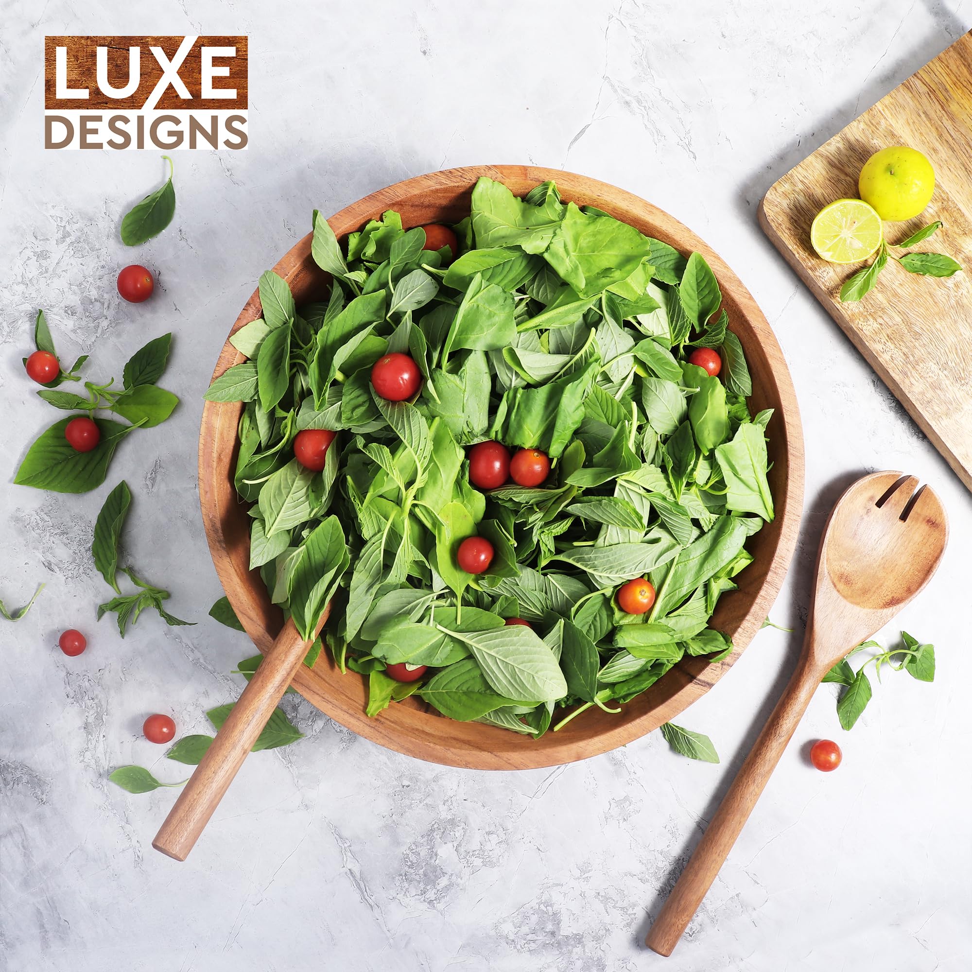 Luxe Designs Zestaw drewnianych misek do sałatek, duża salaterka, do jedzenia, owoców lub sałatek, trwała, ręcznie wykonana miska z łyżką, widelcem, naturalne drewniane miski, dekoracyjne, idealna