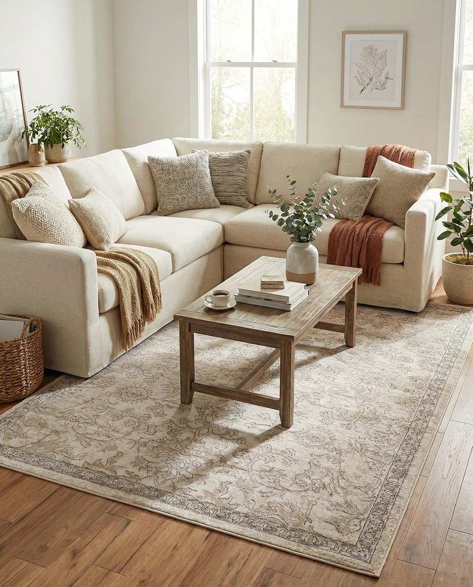 Rugs.com Oregon Collection Rug – 6' x 9' Ivory Low-Pile Rug Perfect for Living Rooms, Large Dining Rooms, Open Floorplans
