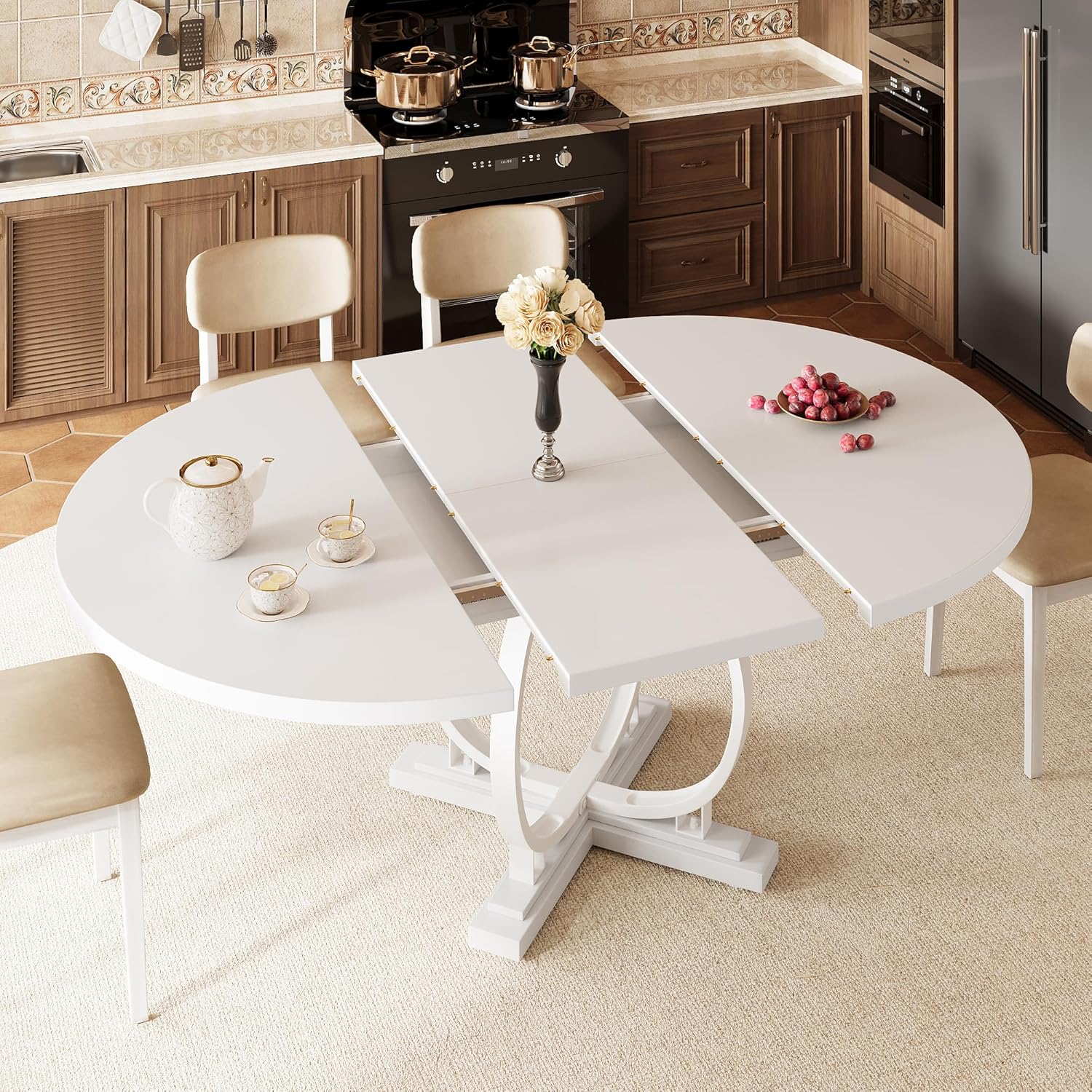 iPormis 59'' Extendable Round Dining Table for 4 to 6, Kitchen Table with Sturdy X-Base Metal Legs, MDF Board with Backboard Clasp, Space Saving, Easy Assembly, Kitchen, Dining Room, Walnut