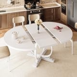 iPormis 59'' Extendable Round Dining Table for 4 to 6, Kitchen Table with Sturdy X-Base Metal Legs, MDF Board with Backboard Clasp, Space Saving, Easy Assembly, Kitchen, Dining Room, White