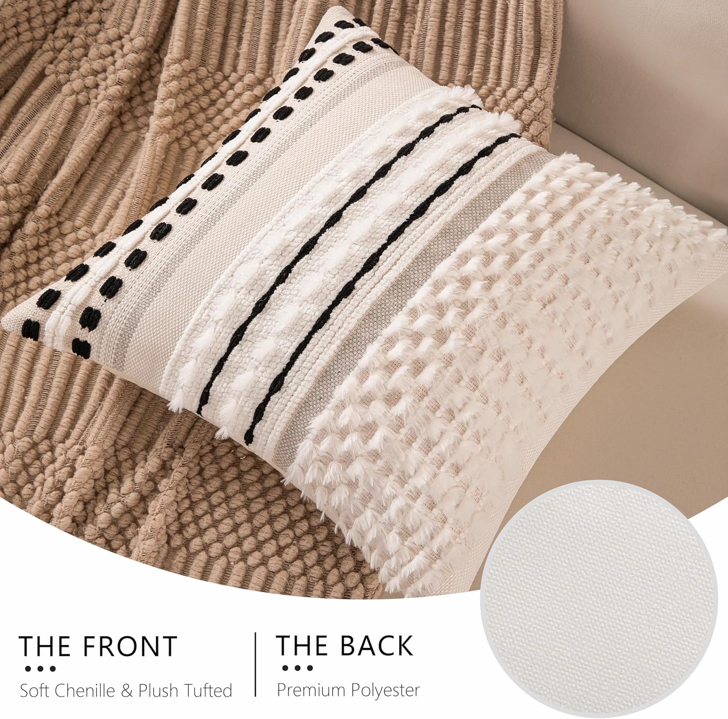 Boho Chenille Tufted Couch Throw Pillow Covers 18x18 Inch Set of 2 Farmhouse Striped Decorative Pillow Covers Accent Neutral Pillowcase Black Cushion Cover for Living Room Sofa Bed - Image 4