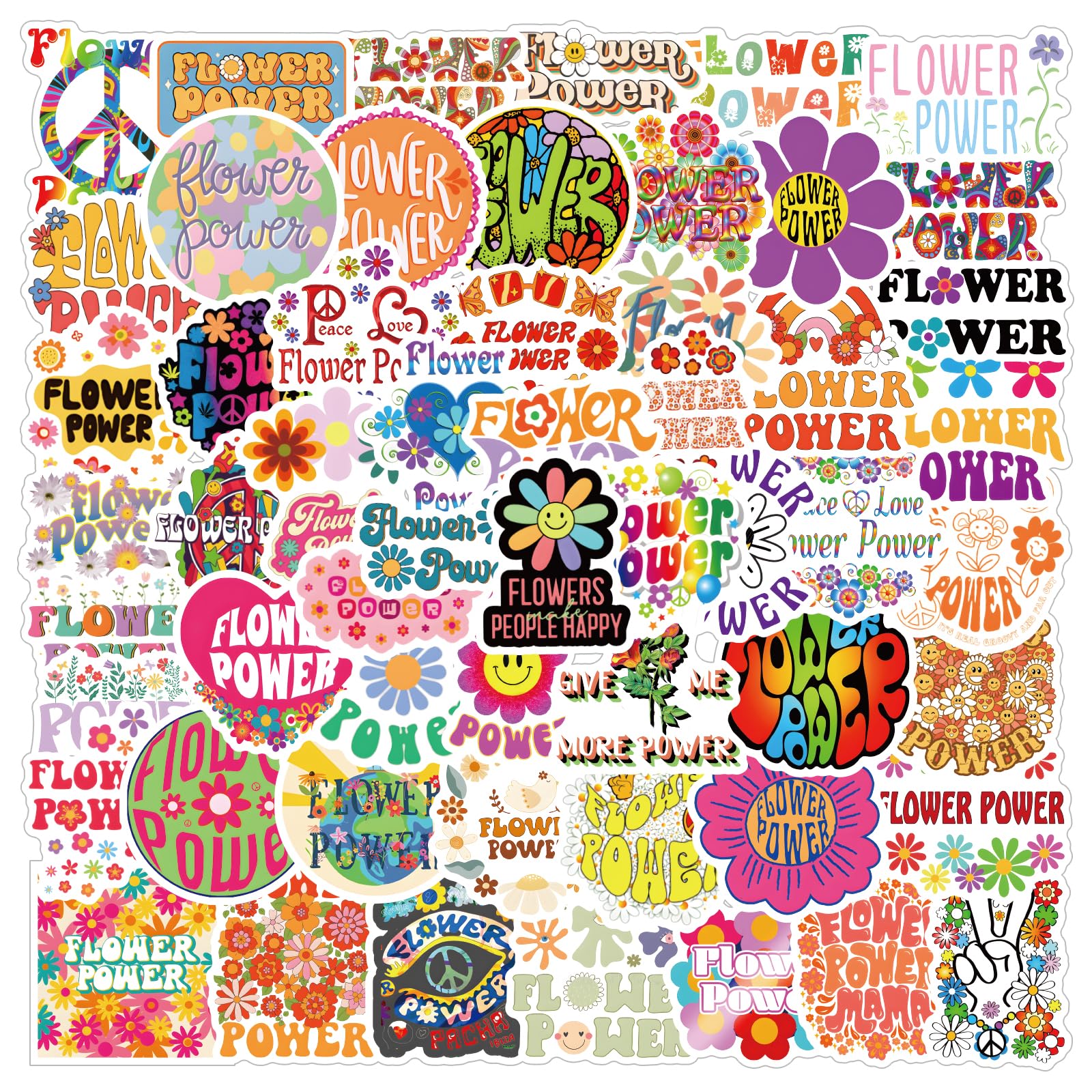 61PCS Flower Power Hippie Cute Cartoon Peace Love Waterproof Vinyl Stickers for Adults for Water Bottles Laptop Suitcase for Birthday Party Supplies