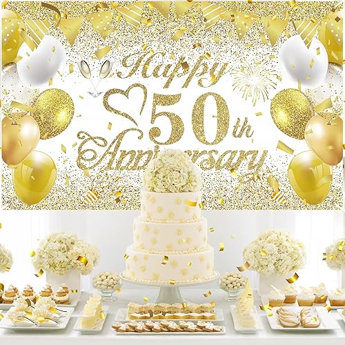 Miniatura 4 de Cartel de decoración del 50 aniversario de boda, pancarta de oro blanco con el texto en inglés "Happy 50th Anniversary" para mujeres y hombres,