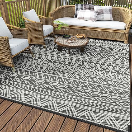 MontVoo 5x8 Waterproof Reversible Plastic Straw Outdoor Rug (Boho Grey)