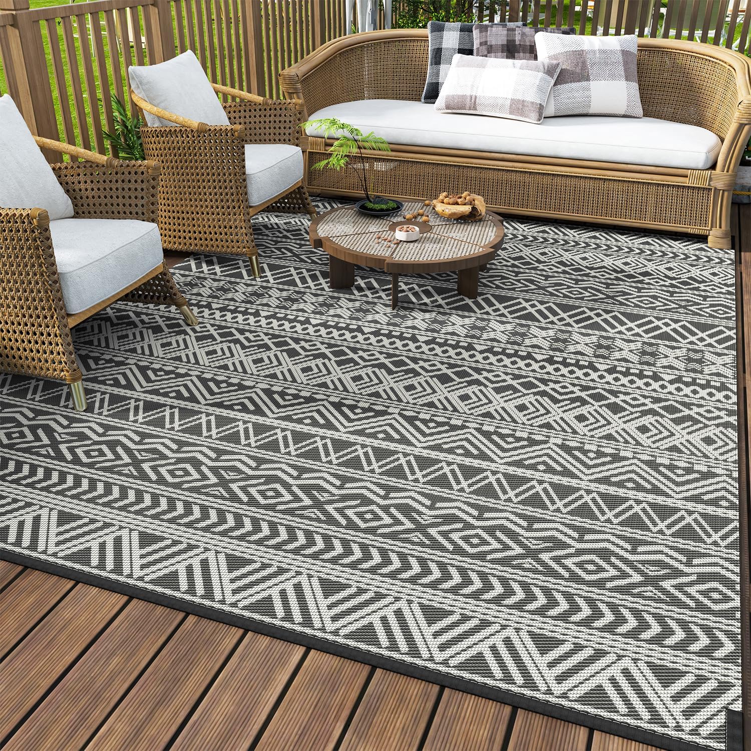 Outdoor Rug Carpet Waterproof 8x10 ft Reversible Patio Rug RV Camping Rug-Plastic Straw Rug Outside Indoor Outdoor Area Rug for Patio Deck Balcony Picnic Beach Outdoor Decor Boho Grey