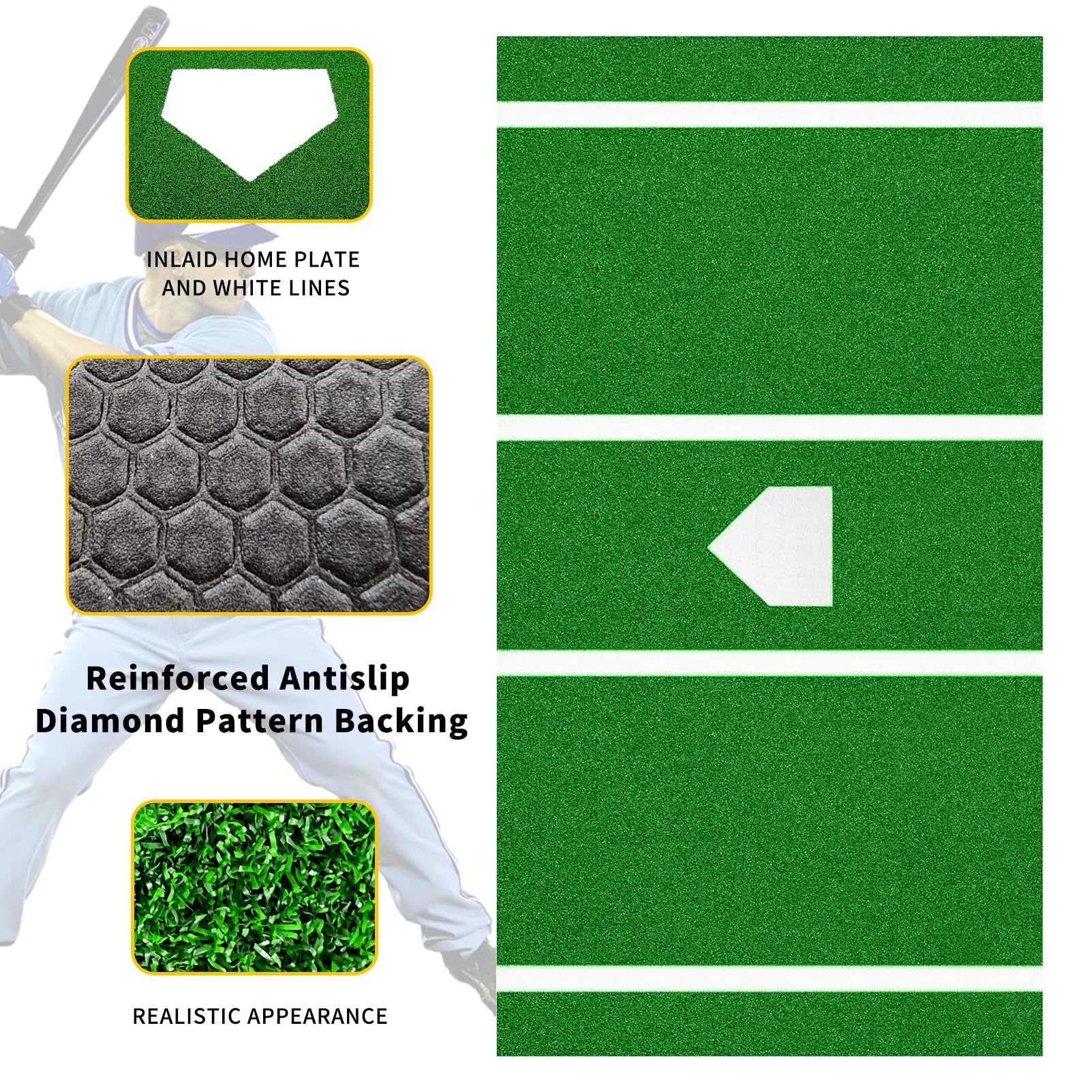 honeypet Upgraded Version Batting Mat Baseball Hitting Mat 12' x 5' Regulation Size Turf Batters Box Mat with Home Plate and Anti Fade Turf for Baseball Softball Training Indoor and Outdoor