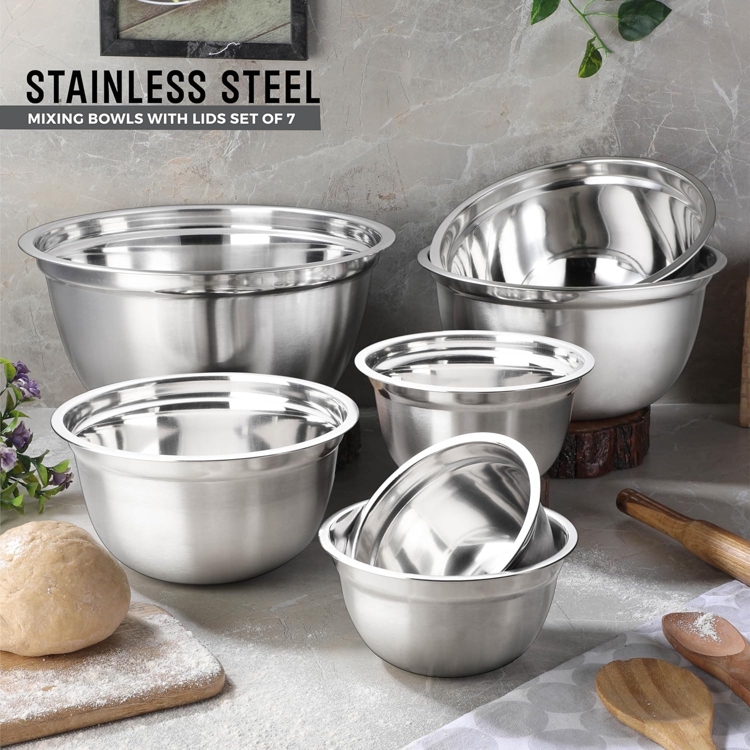Avador Premium Stainless Steel Mixing Bowls, Set of 7 EXTRA Large Stainless Steel Mixing Bowl Set, Easy To Clean, Space Saving, Great for Cooking, Baking, Prepping (0.25, 1, 1.5, 3, 4, 5 and 8 Quart)