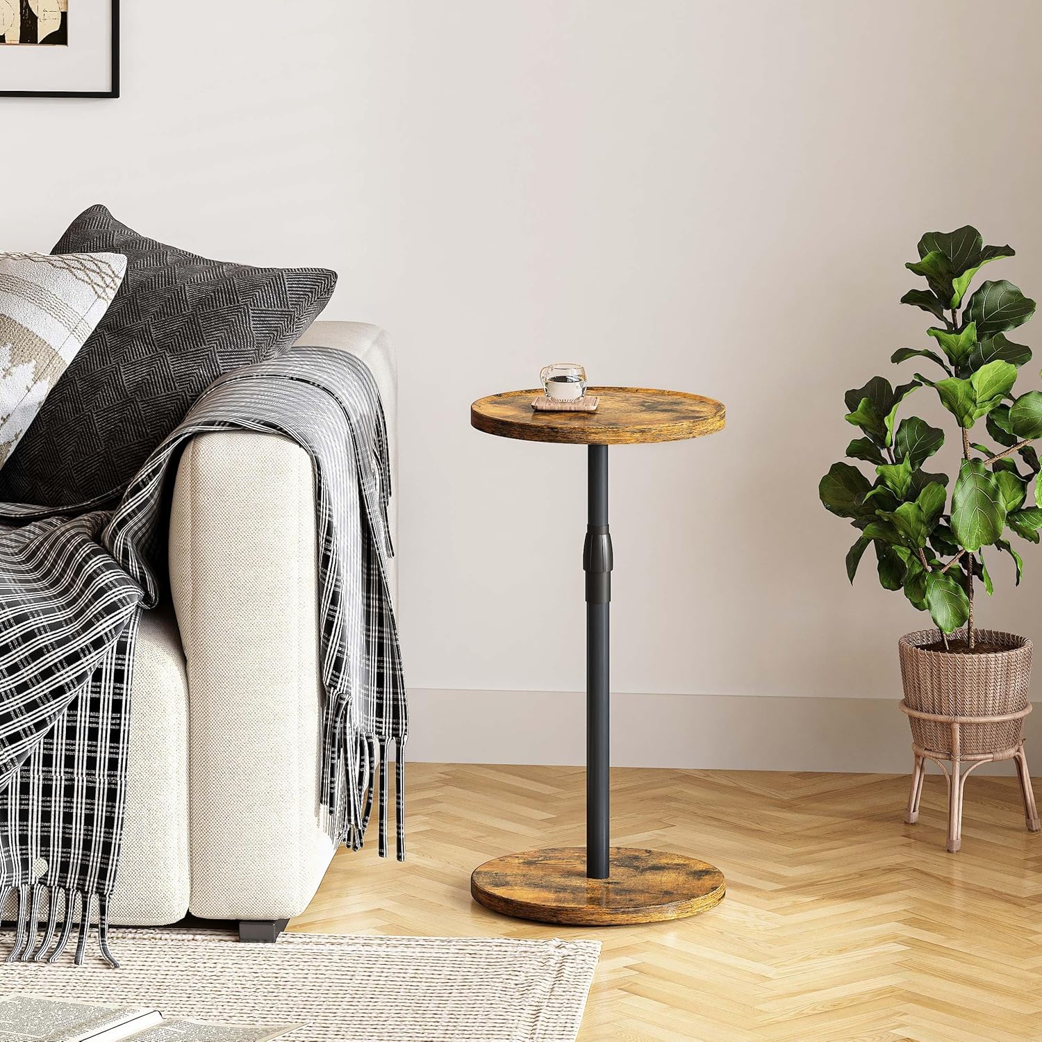 Adjustable End Table, Small Round Side Table, Drink Table for Small Spaces, Pedestal Nightstand for Living Room, Bedroom, Sofa Couch, Rustic Brown ET-010RB