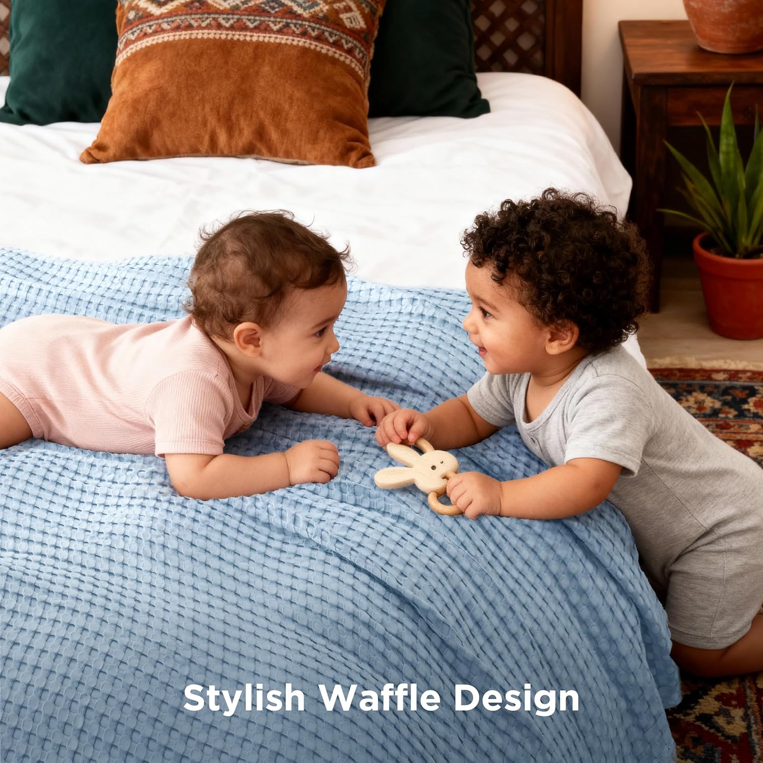 Bedsure Cooling Cotton Waffle Queen Size Blanket - Lightweight Breathable Blanket of Rayon Derived from Bamboo for Hot Sleepers, Luxury Throws for Bed, Couch and Sofa, Blue, 90x90 Inches - Image 5