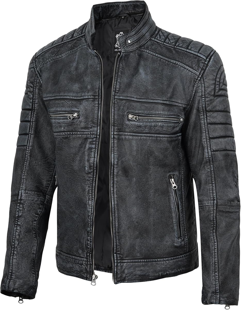 fjackets Chaqueta de cuero para hombre, piel de cordero auténtica, estilo Cafe Racer Moto, chaqueta con cremallera y cuello alto