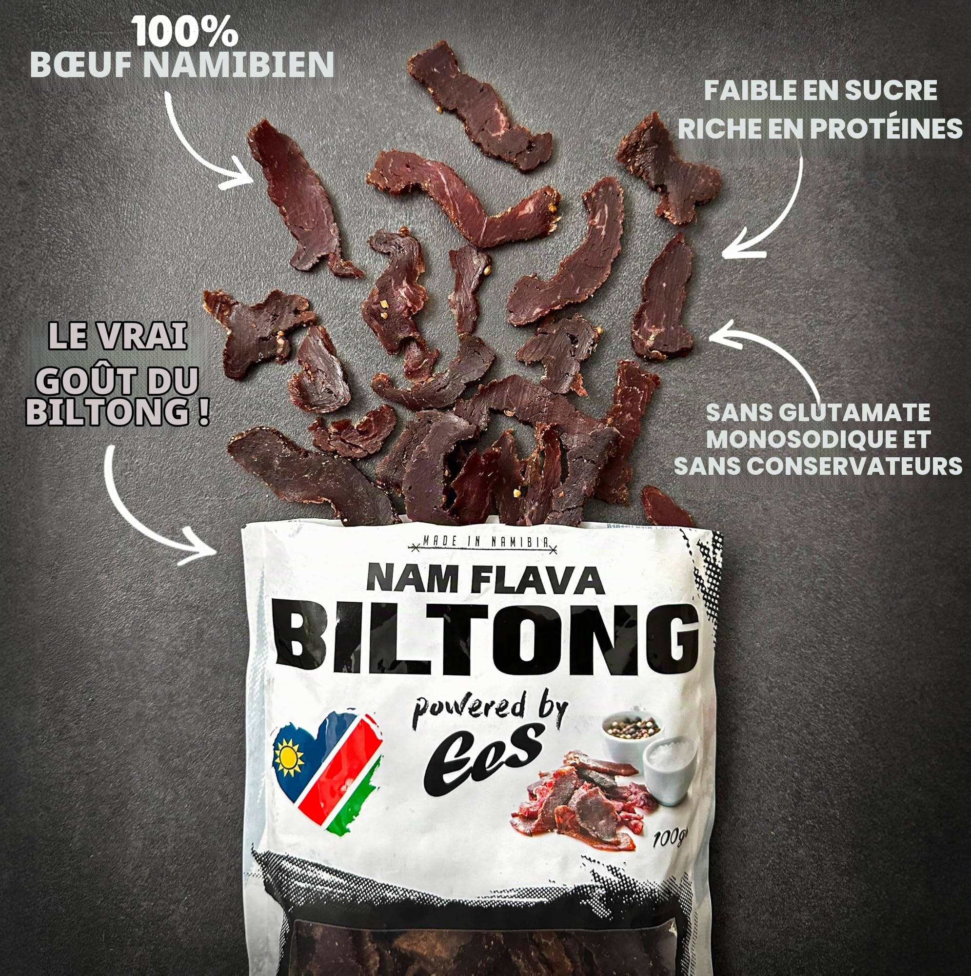 Nam Flava - Biltong original de Namibie - 0,5 kg (5x100 g) - Beef Jerky, viande séchée, beaucoup de protéines