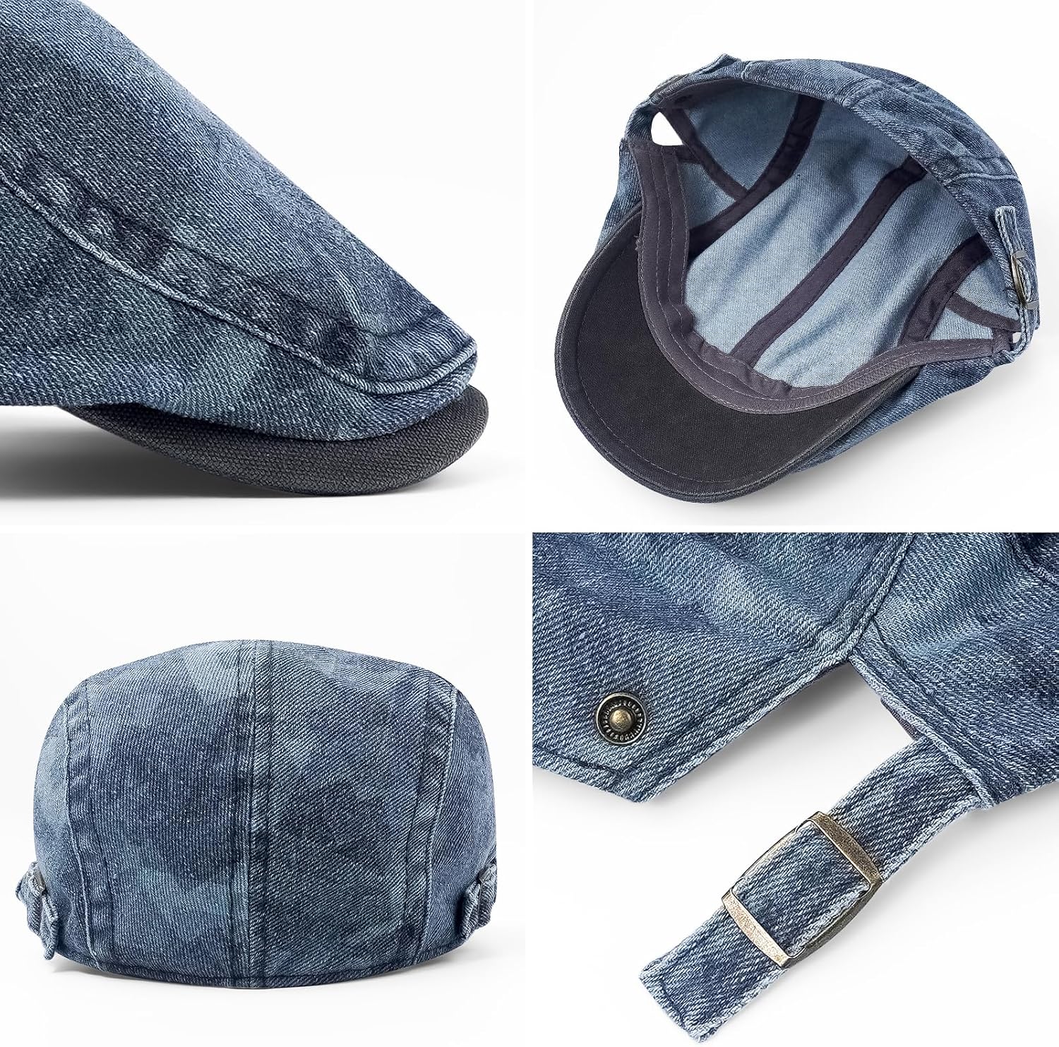 Denim Newsboy Flat Cap for Men, Adjustable Camo Ivy Hat | 100% cotton denim, 57-61 cm adjustable buckle fit, blue camo pattern for driving, golf, travel, and casual wear
