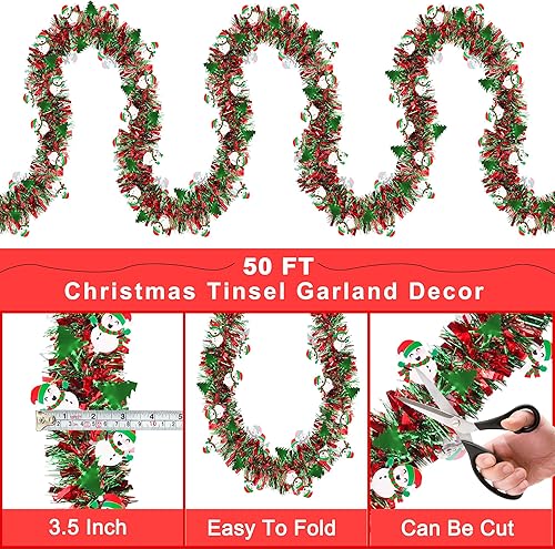Miniatura 2 de Guirnalda de oropel de Navidad roja y verde de 50 pies con árbol de muñeco de nieve, guirnalda metálica de Navidad para decoración de árbol de