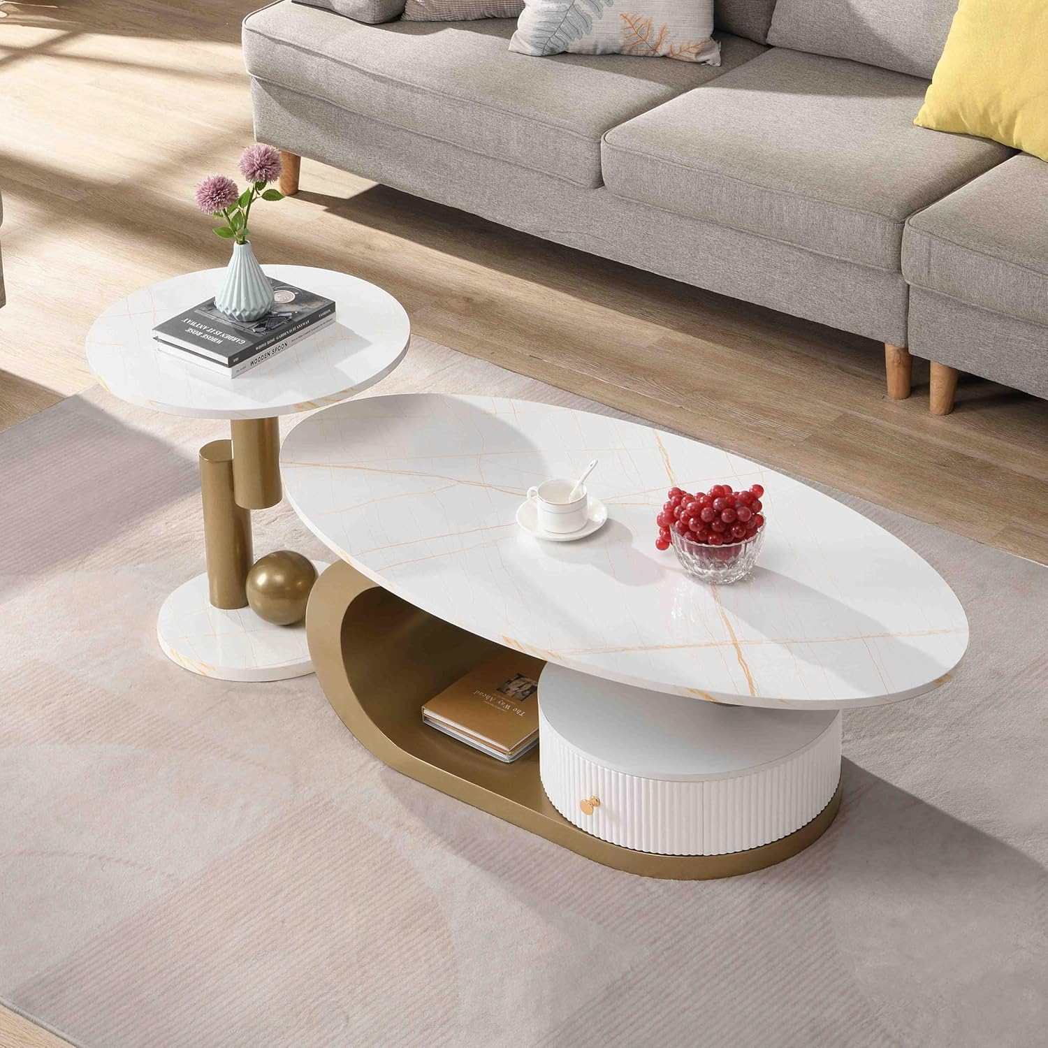 Modern 47.2" Nesting Coffee Table Set of 2, Oval and Round Centre Table Set for Living Room, Faux Marble Coffee Table and Round End Table, Luxury Living Room Accent for Apartment