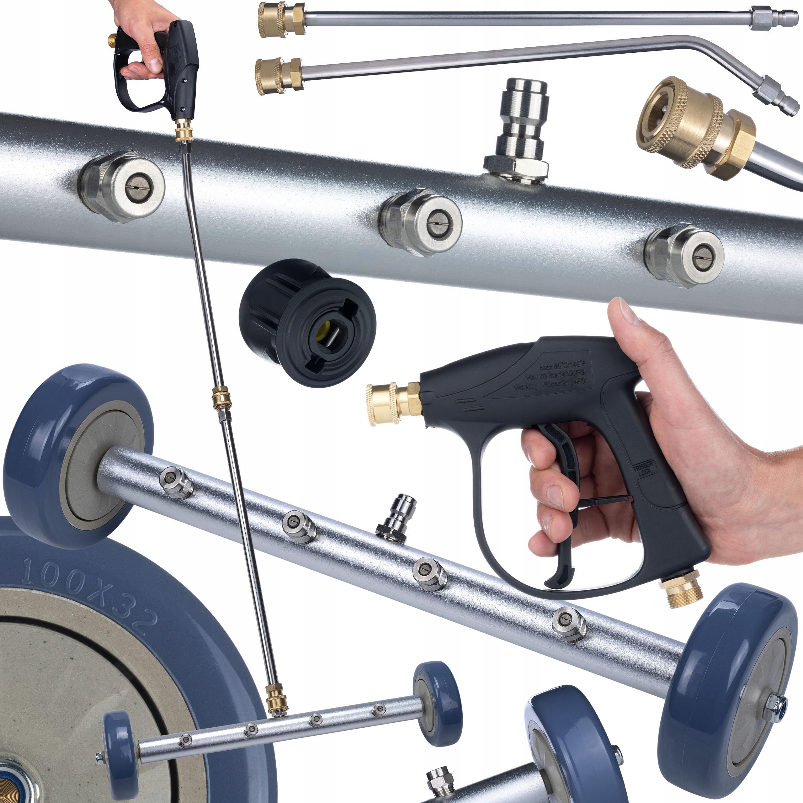Zestaw lancy wysokociśnieniowej AutoClean ProLine – lanca do mycia podłoża z 4 dyszami na kółkach, pistolet wysokociśnieniowy 300 bar M22 x 1,5, adapter Click Connect, część zamienna do myjki