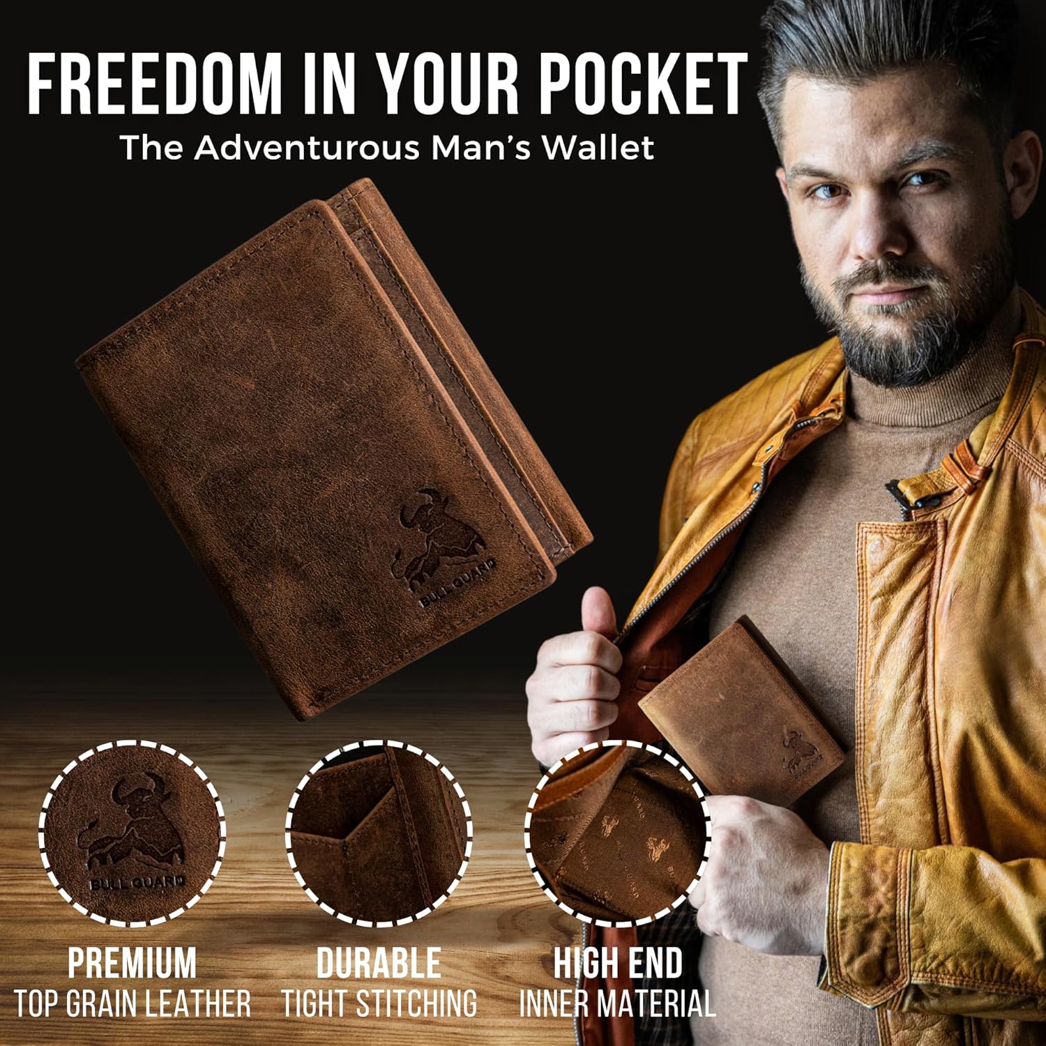 BULL GUARD Freedom Leather RFID Trifold Wallet for Men with Smart Pocket for Air Tag or Other Tracking Devices and 2 ID Windows In Durable Top Grain Leather Ideal for Travel - Image 5