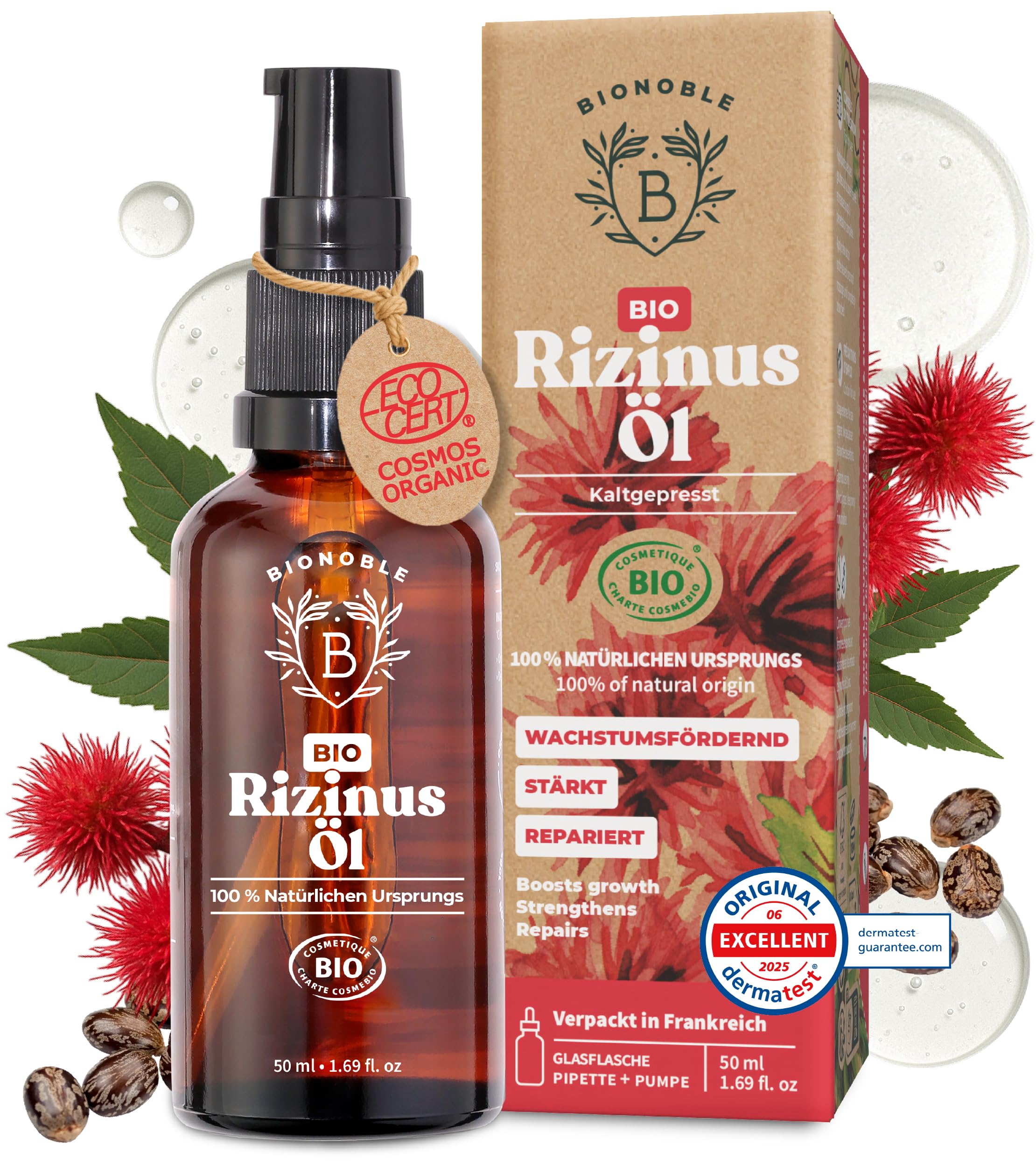 BIONOBLE Rizinusöl Kaltgepresst Bio - 100% Natürlich, Ohne Hexan - Wachstumsfördernd, Repariert - Rizinusöl Bio Haare, Wimpern, Augenbrauen, Haut - Castor Oil - Glasflasche, Pipette, Pumpe - 50ml 50 ml (1er Pack) Rizinusöl