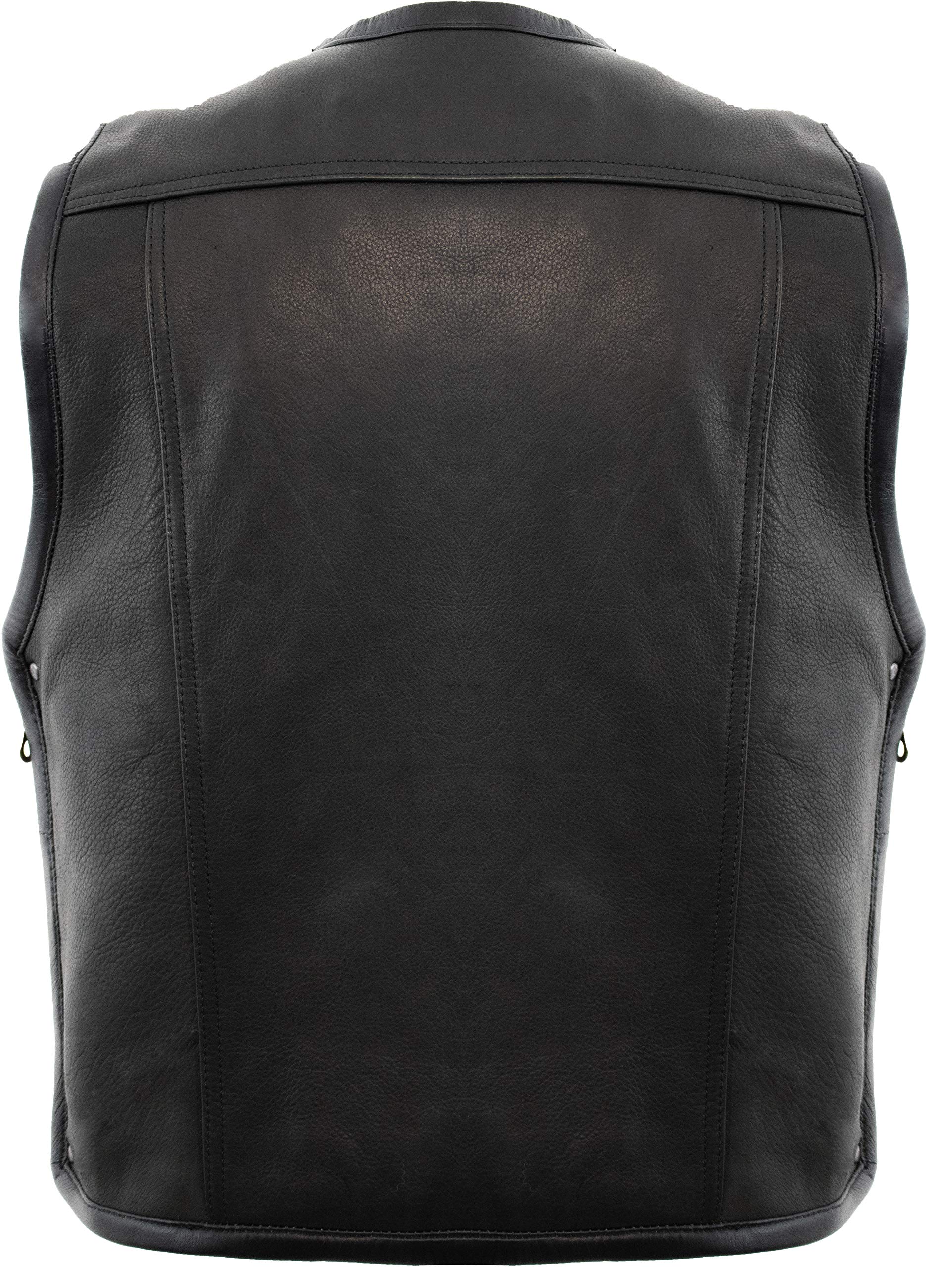 Gilet moto uomo in vero cuoio nappa bovina 1,2 mm – Gilet biker senza colletto con cerniera, tasche interne ed esterne, lati espandibili con zip, Nero